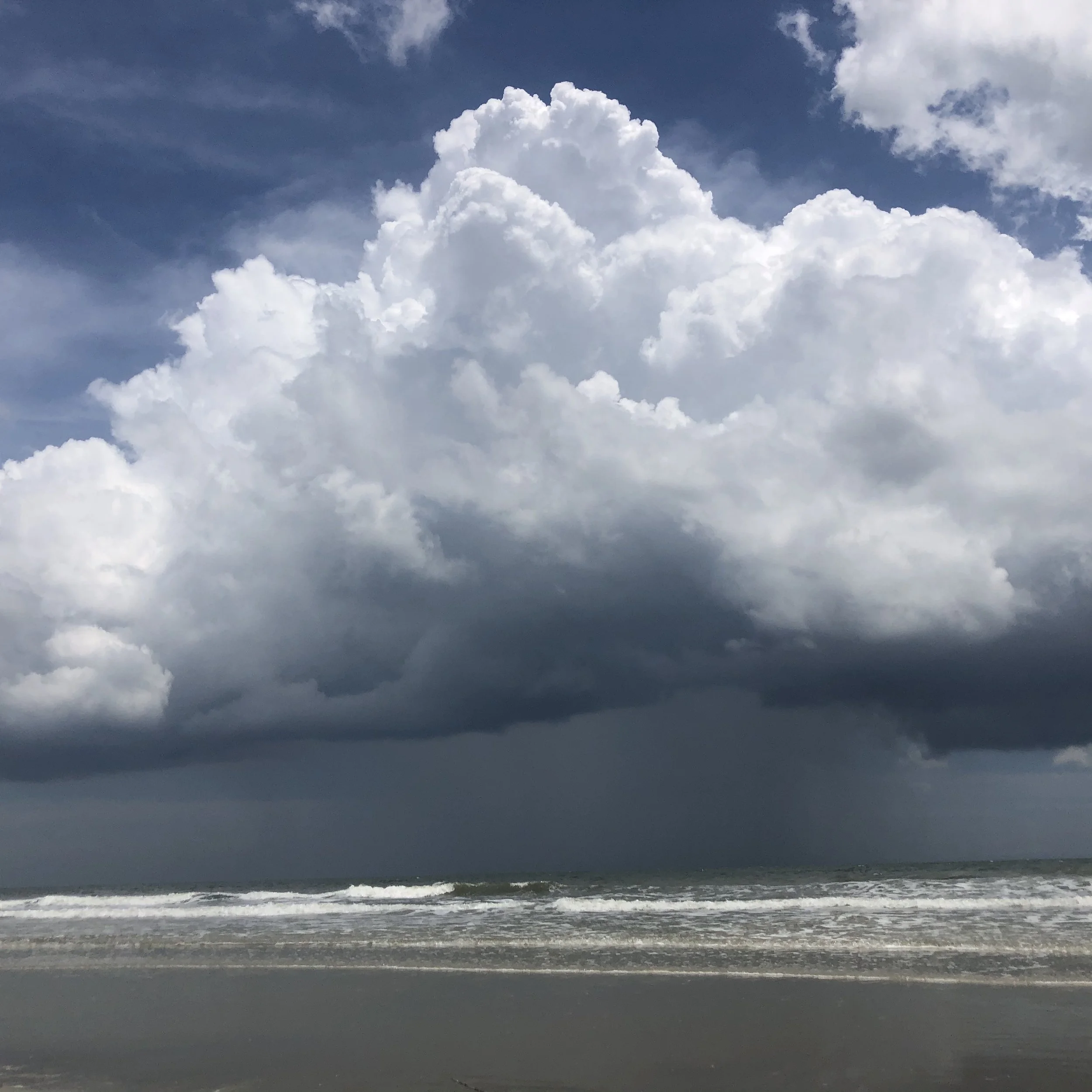 Dark rain clouds over a beach with waves and wet sand.