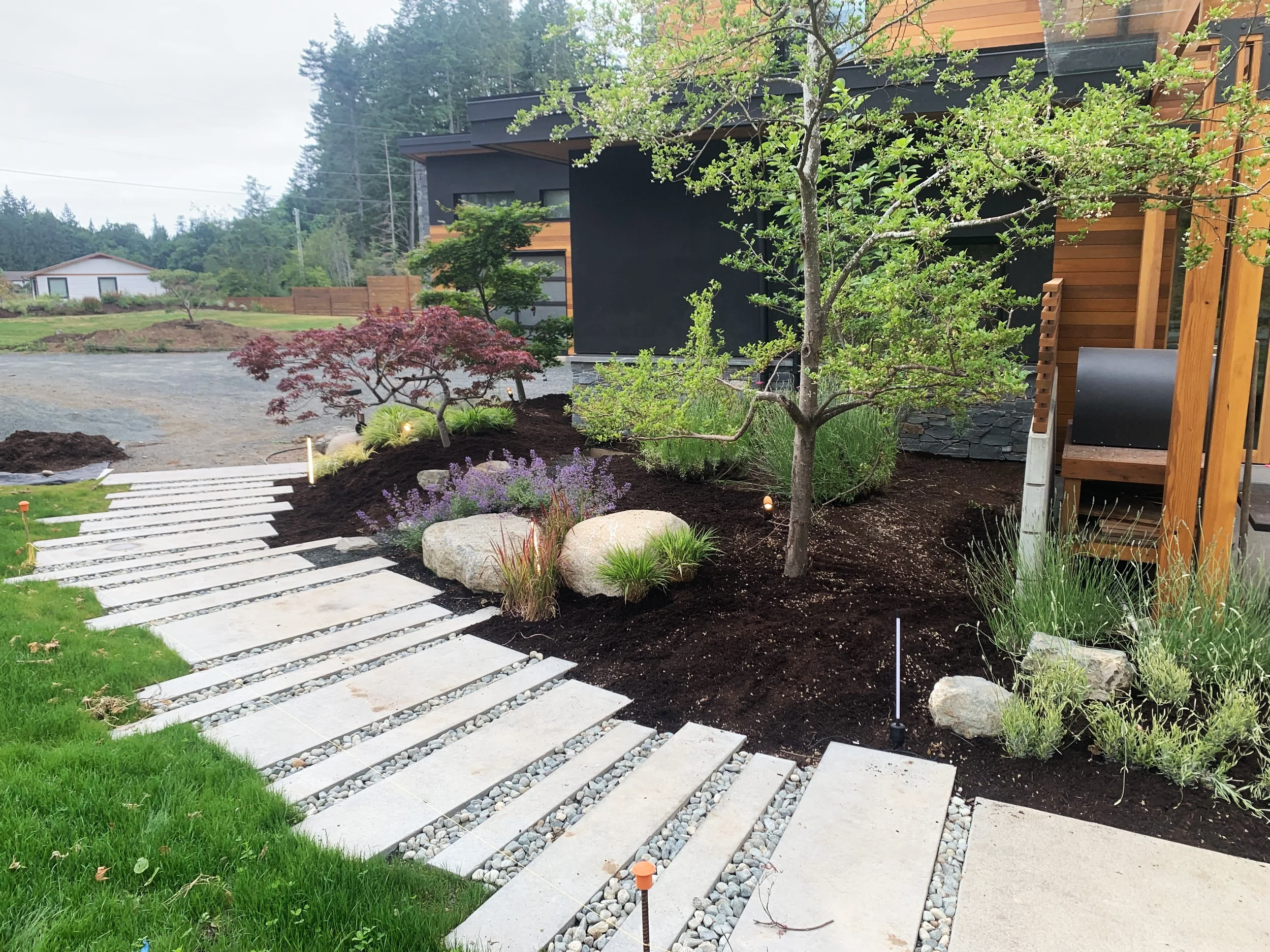 Newly landscaped front yard with stone pathway, small trees, shrubs, and mulch in front of a modern house with wood and black exterior details.