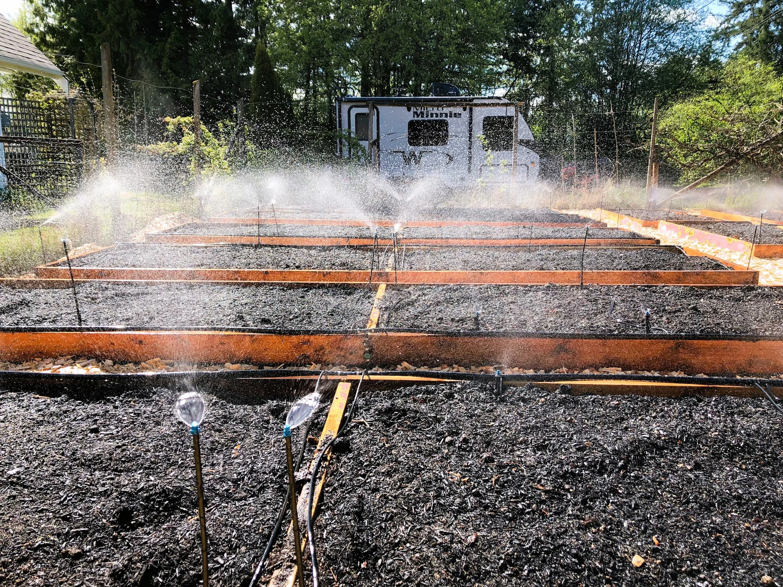 A garden bed with freshly planted seeds being watered with sprinklers, with a White RV and trees in the background.