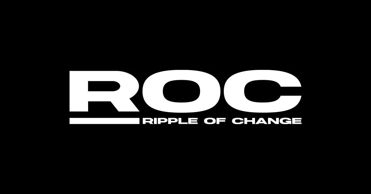 Black background with the white text "ROC" in bold, with the phrase "Ripple of Change" underneath.