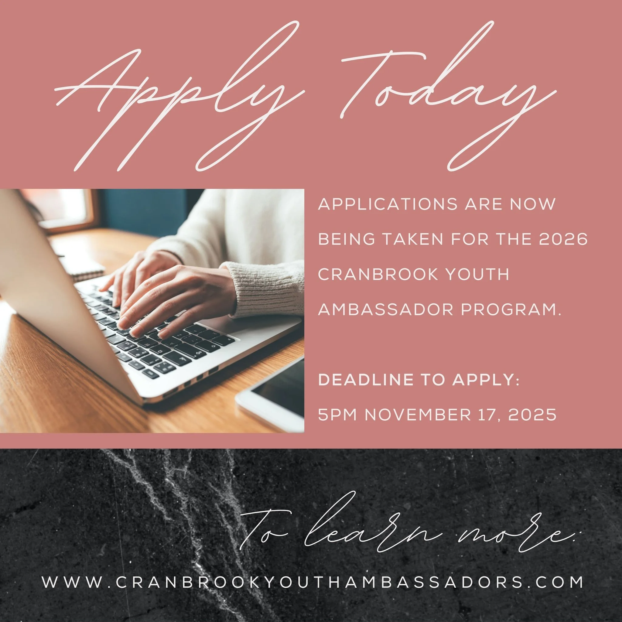 APPLICATIONS NOW BEING ACCEPTED FOR THE 2026 YOUTH AMBASSADOR PROGRAM

Applications are now being accepted for the 2026 Youth Ambassador Program. 

If you&rsquo;re a girl in Grade 10 or 11 in Cranbrook,  the Youth Ambassador Program is your chance to