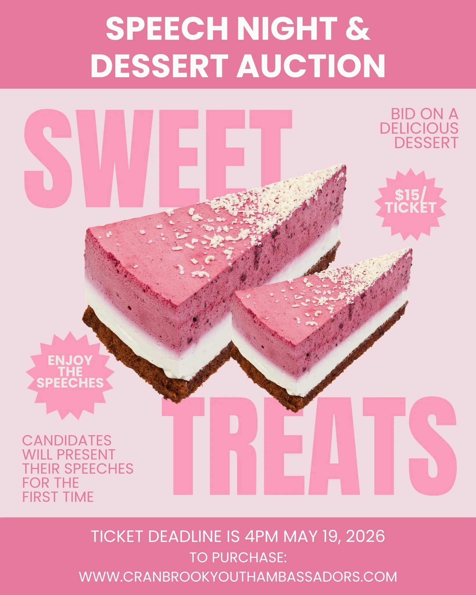 Just a quick reminder that tickets are now on sale for our annual Speech Night &amp; Dessert Auction. 

Join us as we celebrate the completion of a 9-week Toastmasters training program and enjoy hearing the candidates present their prepared speeches 