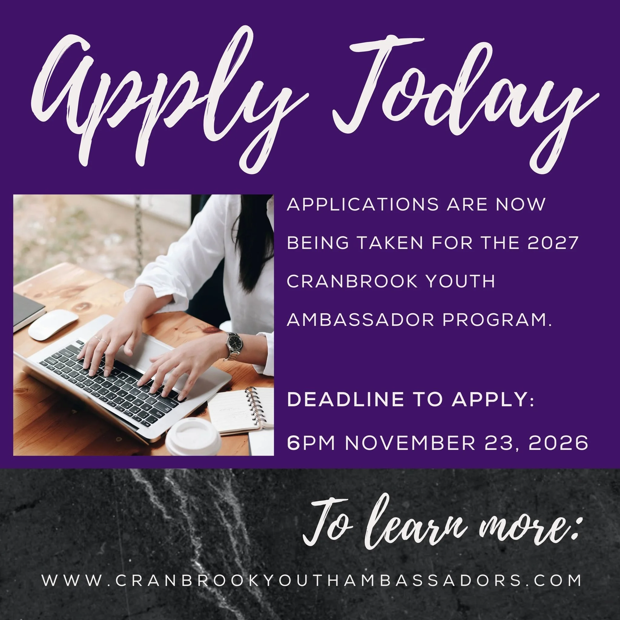 Applications are now being accepted for the 2027 Cranbrook Youth Ambassador Program. 

If you are a girl in Grade 10 or Grade 11 in Cranbrook, interested in gaining confidence, learning public speaking skills, expanding your leadership skills, explor
