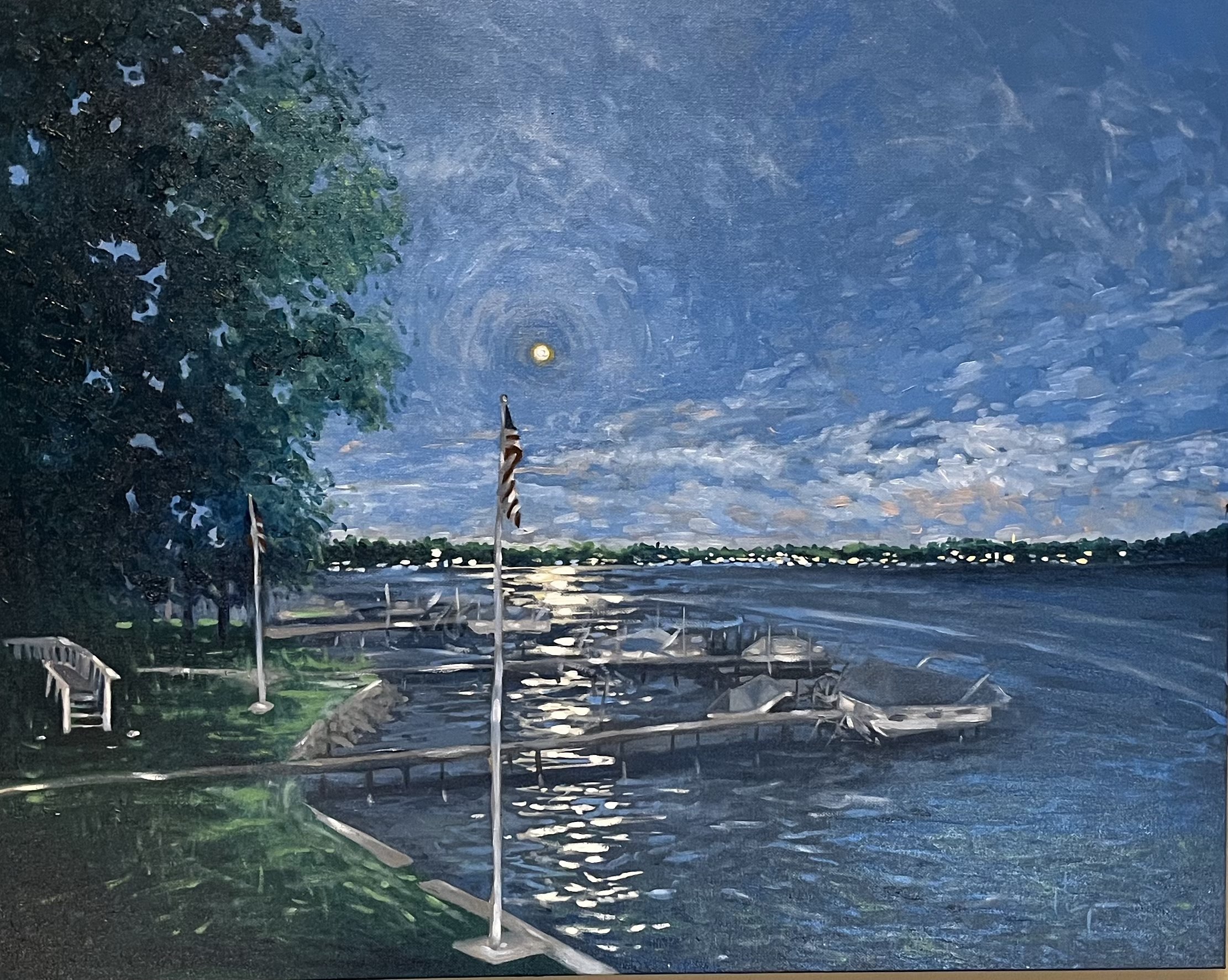 Moonlight Over Devils Lake; OiI, 22″x 28″, $950