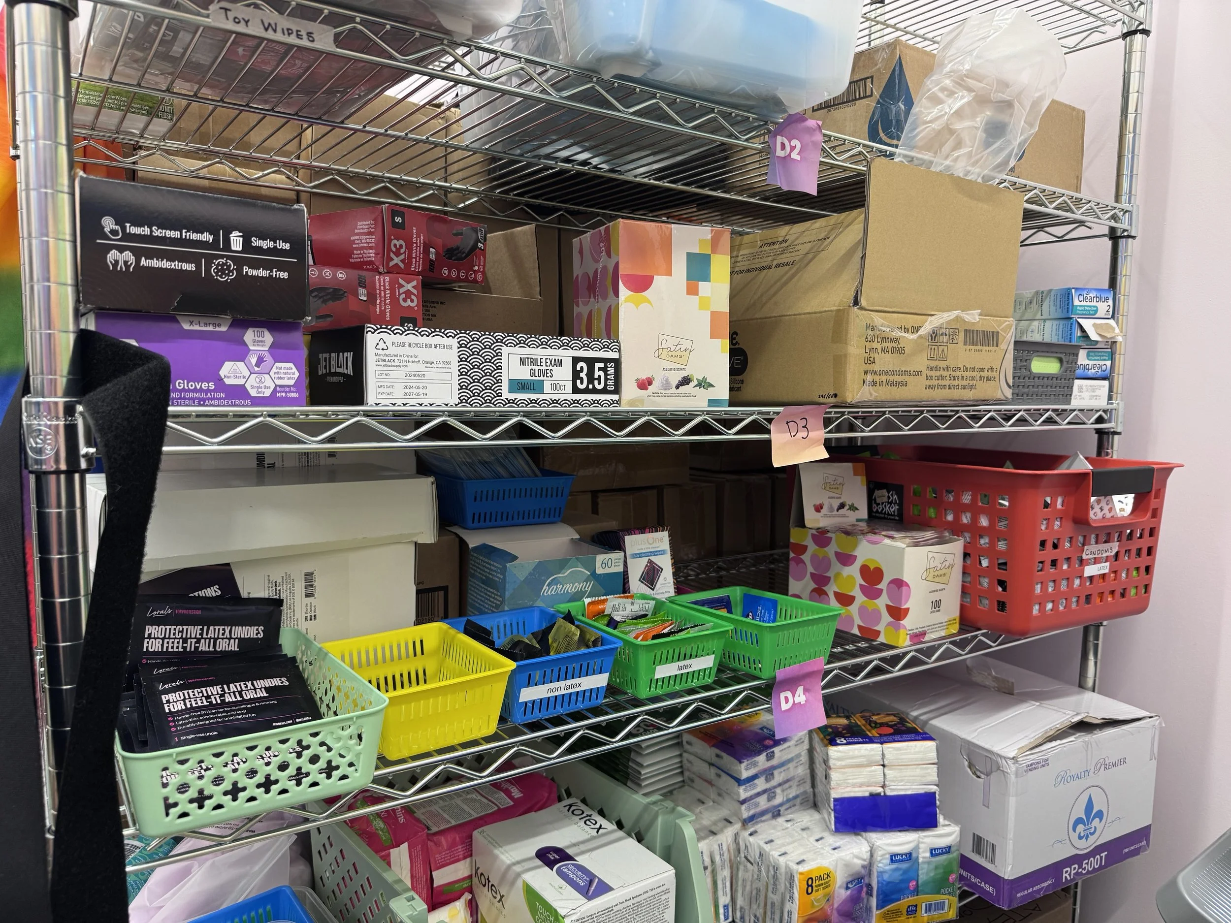 Essentials: Access a variety of supplies including hygiene, first aid, wound care, harm reduction, and safer sex. 