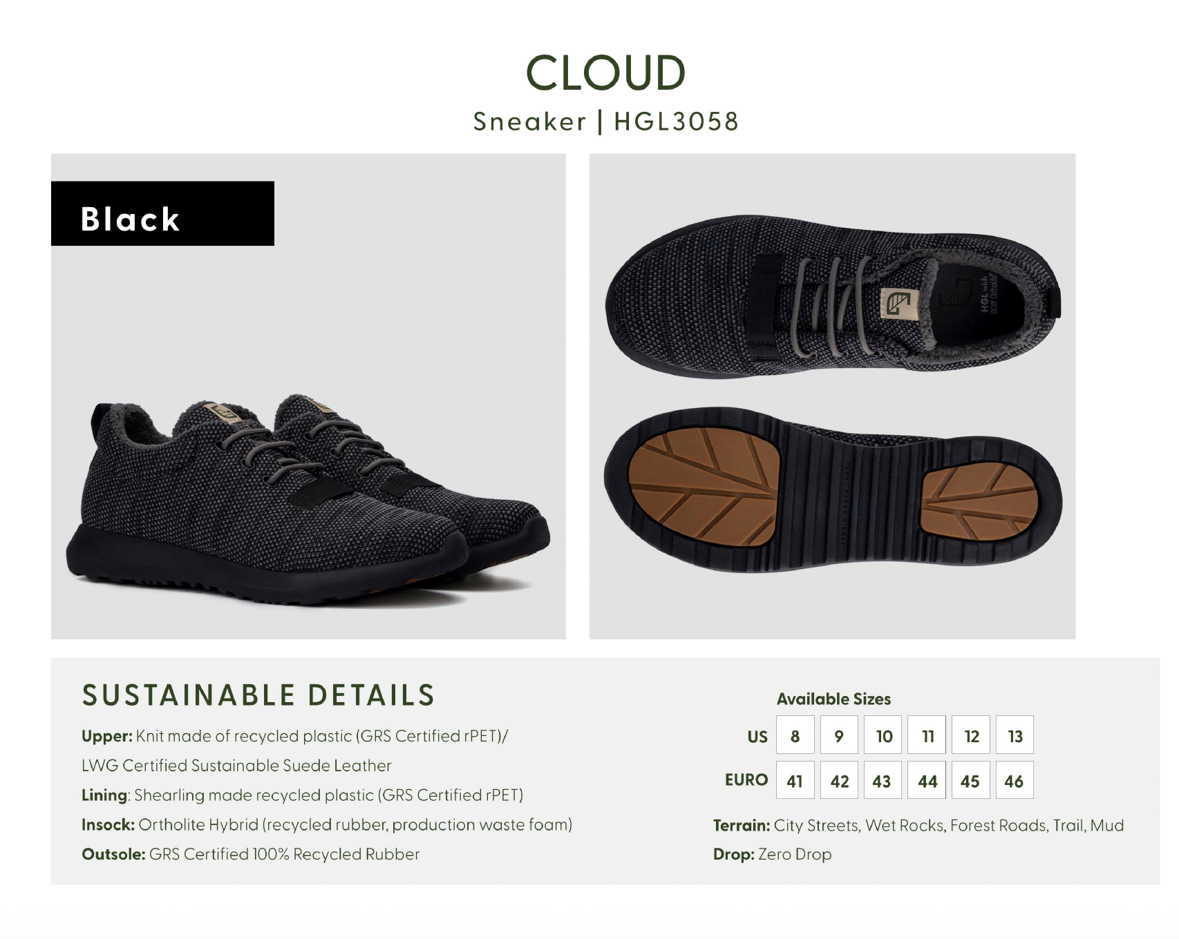 Black Cloud sneaker with a knit upper made of recycled plastic, featuring a black rubber outsole with brown accents, shown from side, top, and bottom views, highlighting its sustainable materials, suitable for city streets, wet rocks, forest roads, trail, and mud terrains.