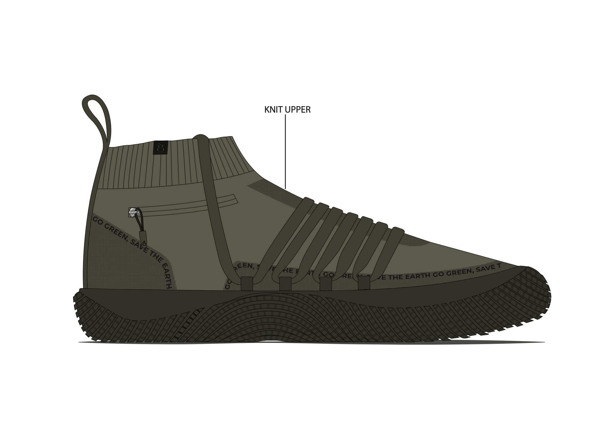 Illustration of a hiking shoe with labels for features, including knit upper and sole, and message promoting eco-friendly practices.