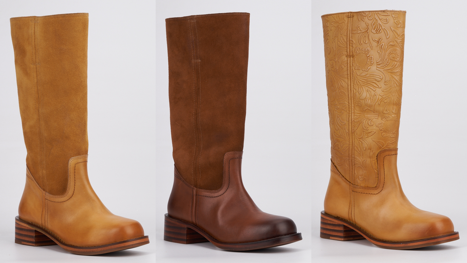 Three different styles of knee-high boots on a white background. Left boot is tan with a smooth leather finish, middle boot is a darker brown suede with a rounded toe, right boot is tan with an embossed floral pattern and a pointed toe.