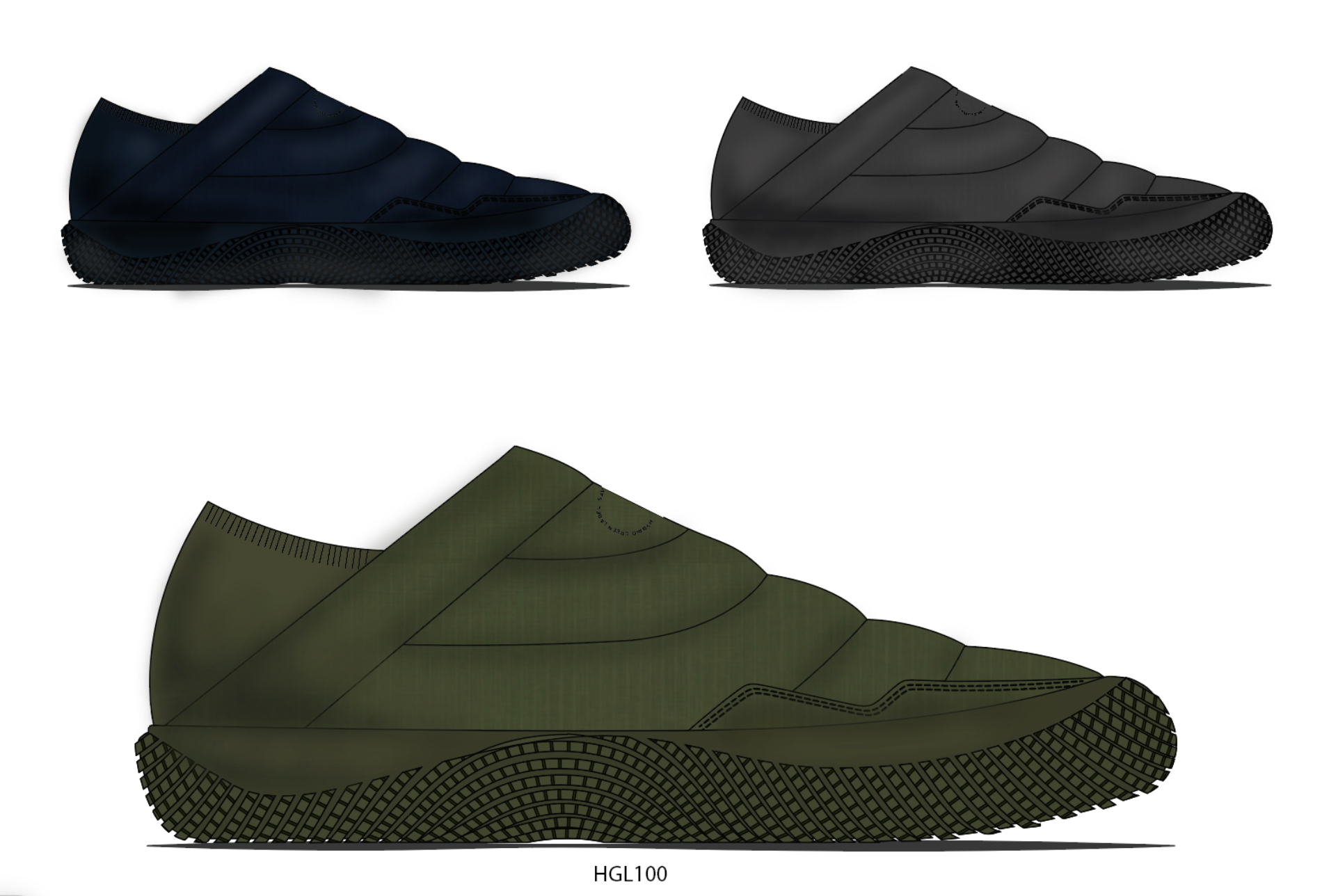 Three different 3D models of the same shoe design in different colors: dark blue, black, and olive green, labeled HGL100.