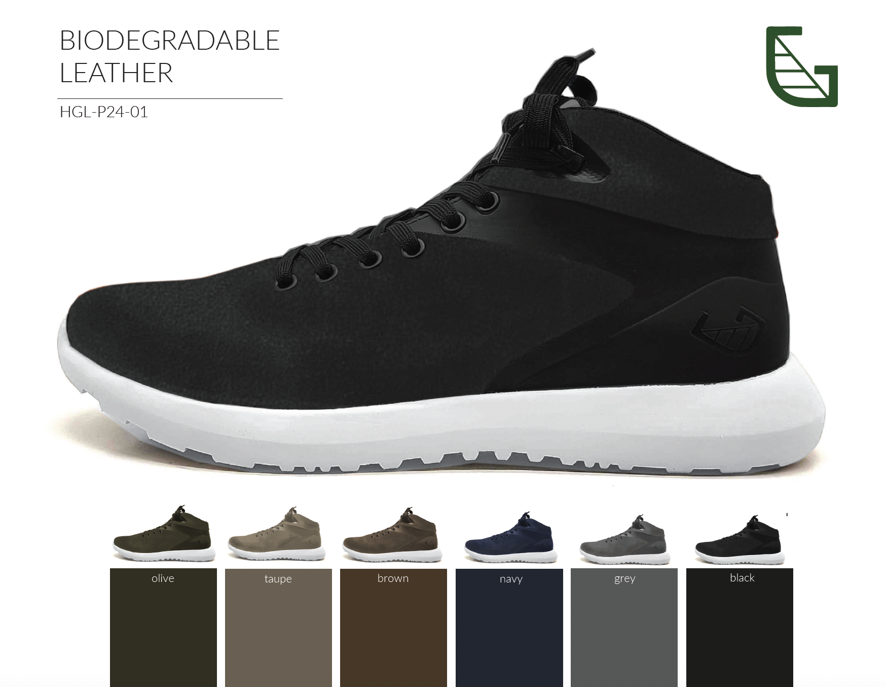 Black biodegradable leather shoe with white sole, shown in front view, with color options below including olive, taupe, brown, navy, grey, and black.
