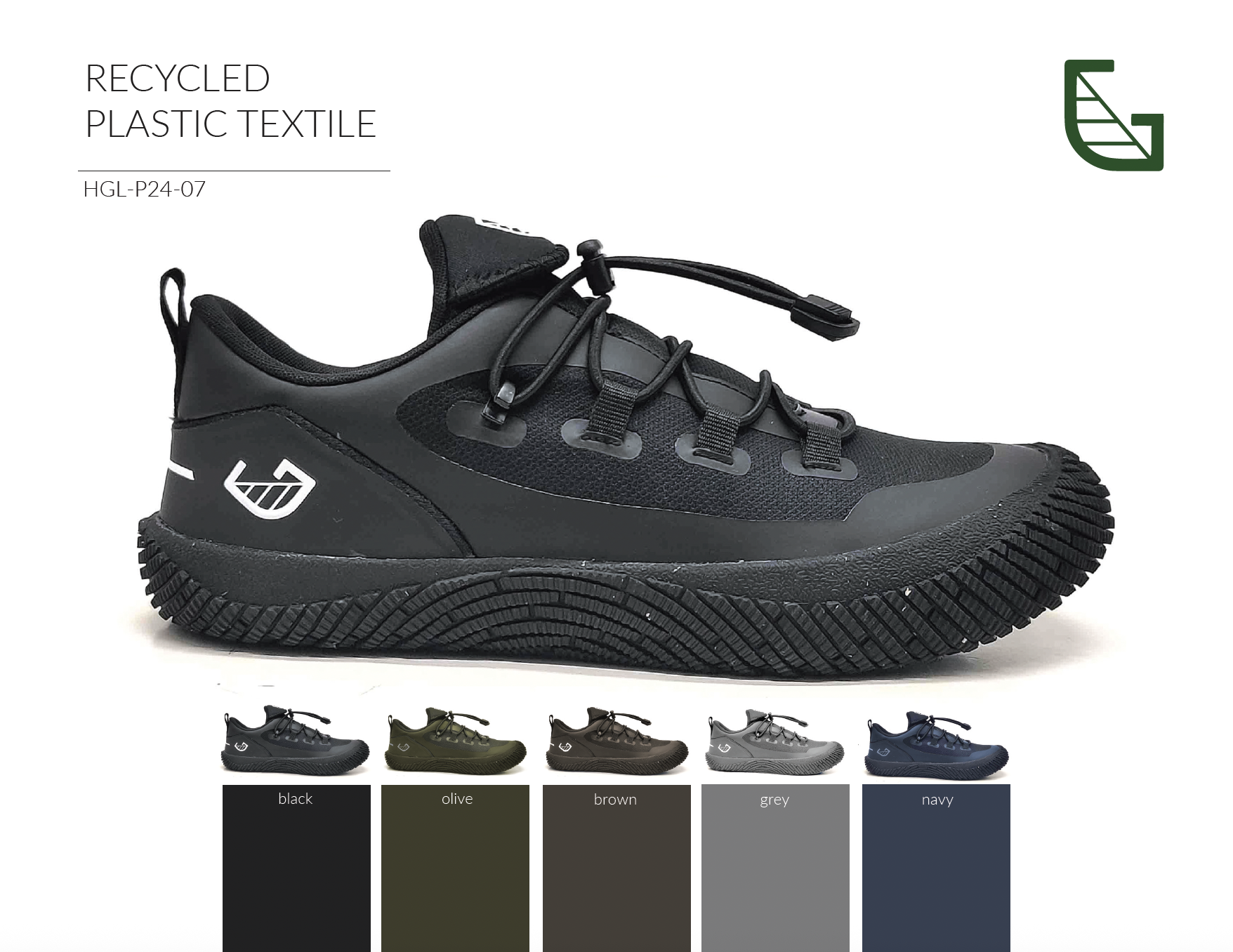 A black athletic sneaker made from recycled plastic textile, with a textured sole and a logo on the side. Smaller images show the same shoe in olive, brown, grey, and navy colors. The shoe features laces and a pull tab at the back.