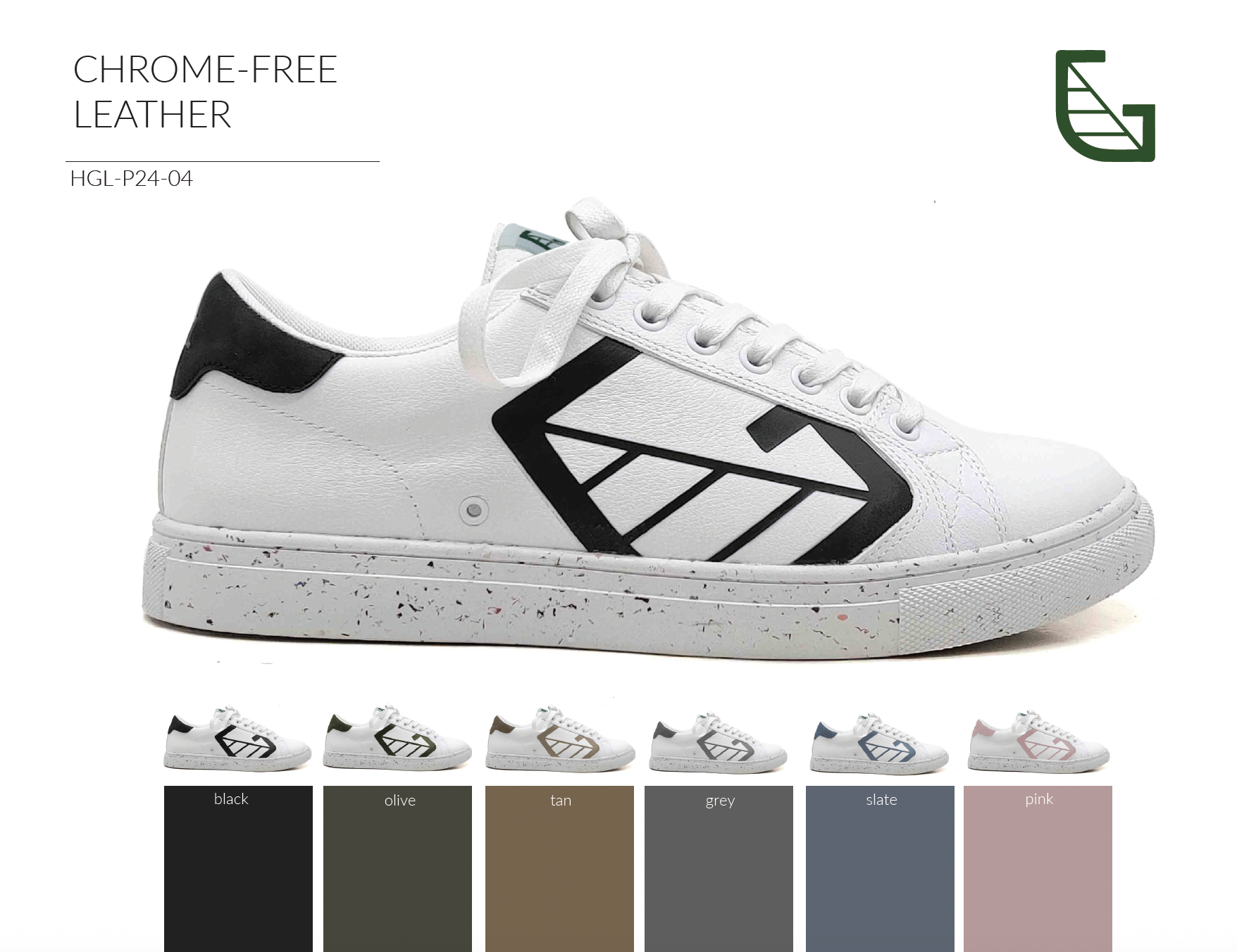 White sneaker with black geometric logo on the side, black heel detail, and speckled midsole, shown with color options for different accents including black, olive, tan, grey, slate, and pink.