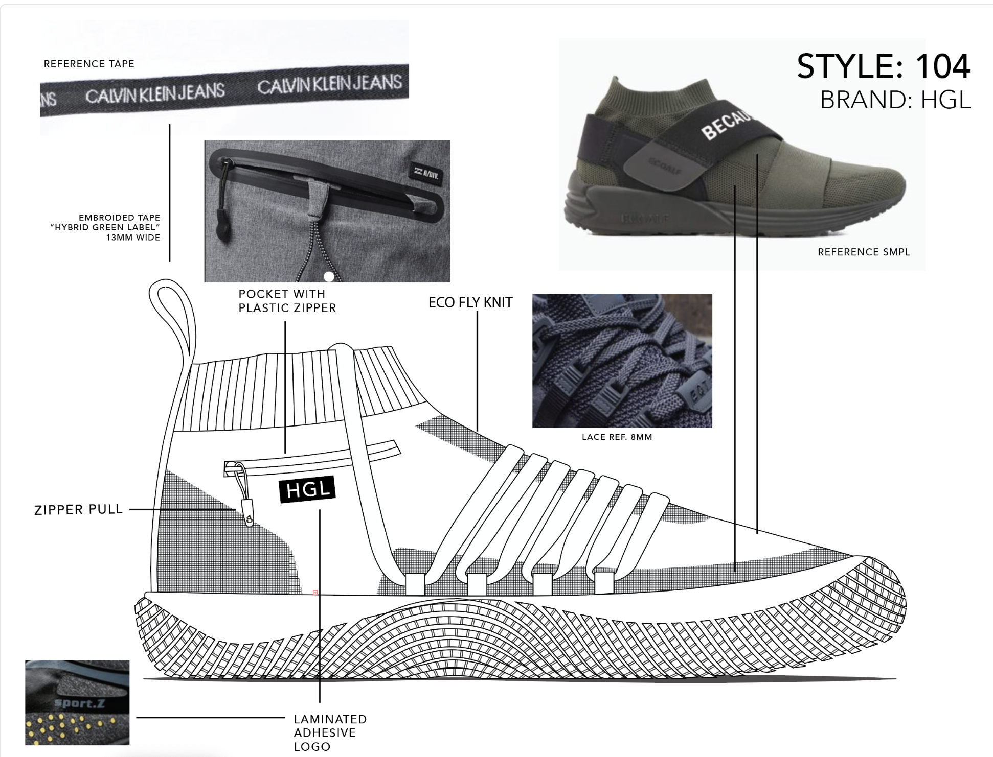 Illustration of a shoe with labeled features including pocket with plastic zipper, Eco Fly knit material, zipper pull, laminated adhesive logo, lace reference, and reference sample. Additional inset images show a strap with branding, a side pocket with zipper, and a close-up of laces.