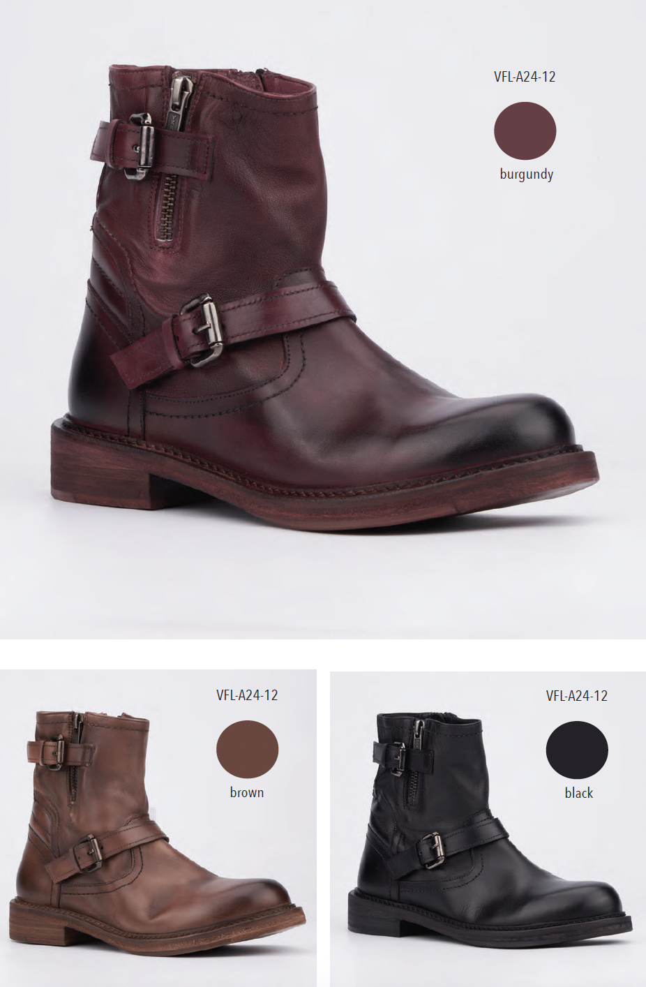 Three leather ankle boots in burgundy, brown, and black, each with a side zipper and buckle strap, set against a white background.