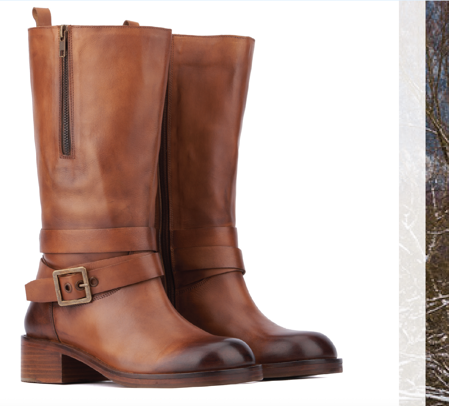 Pair of brown leather knee-high boots with buckle detail and side zippers.