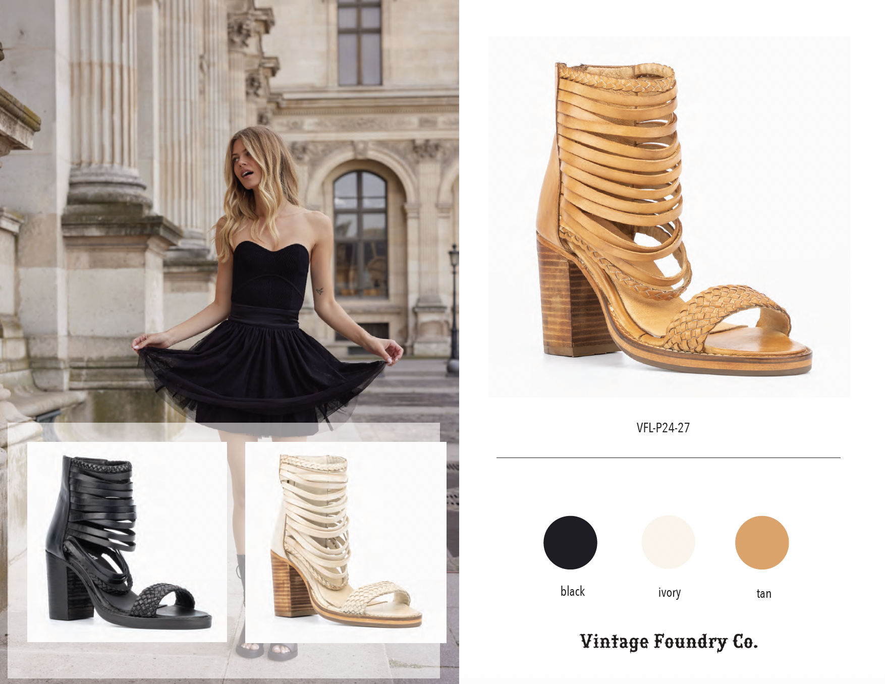 Fashion catalog page displaying a woman in a black dress and flip flops, with images of two high-heeled sandals in black and tan, and color swatches for black, ivory, and tan by Vintage Foundry Co.