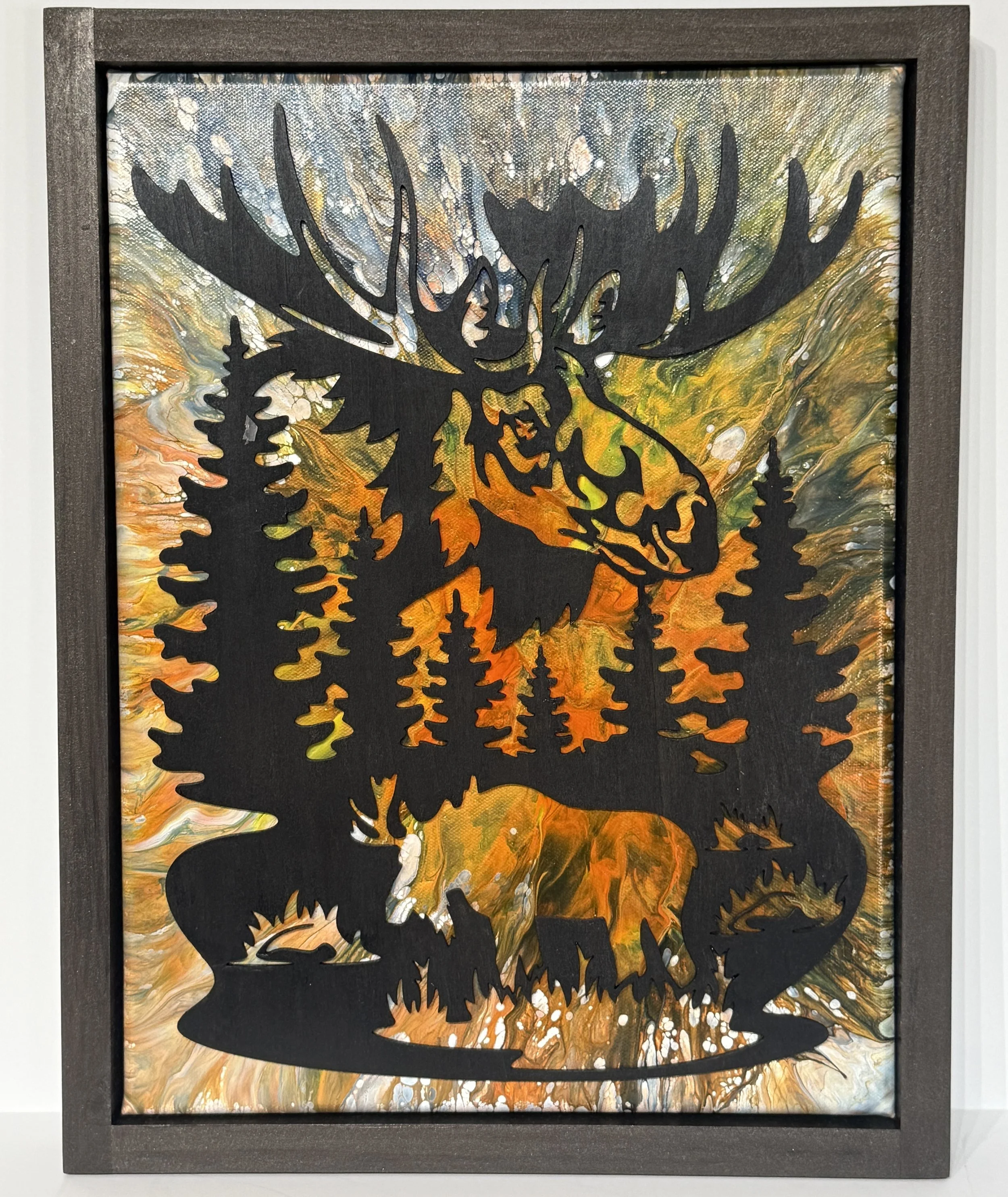 Fall Moose Overlay on Acrylic Painting with Floating Frame