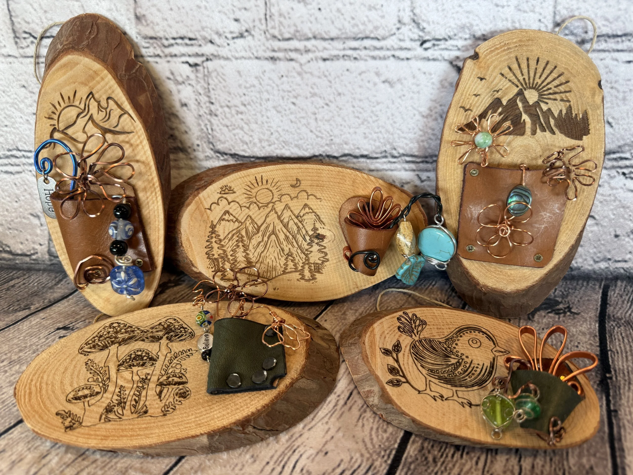 Small Engraved Rustic Wood Plaques with Wire and Bead Elements