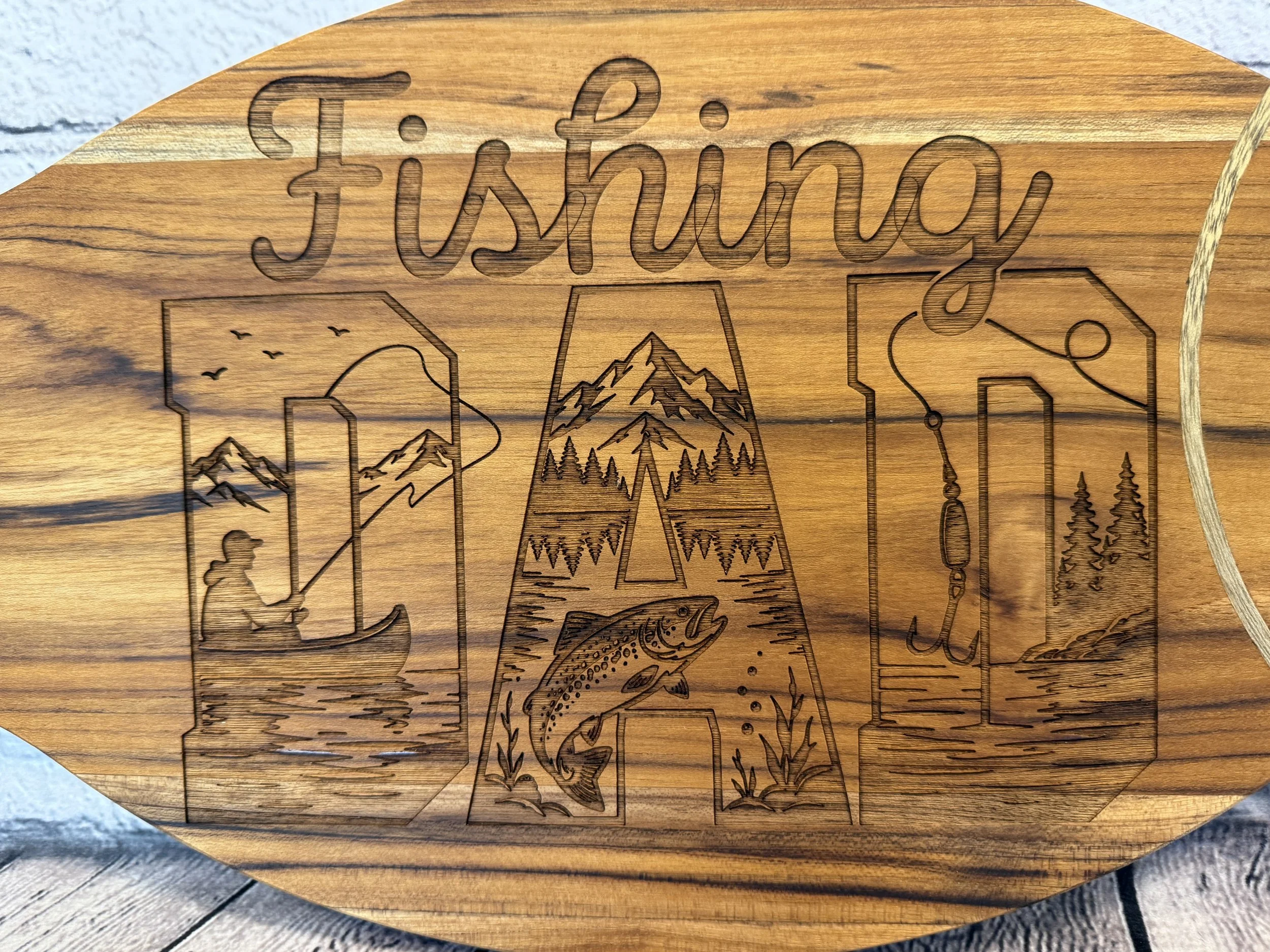 Dad, Fishing on a Big Fish Acacia Board