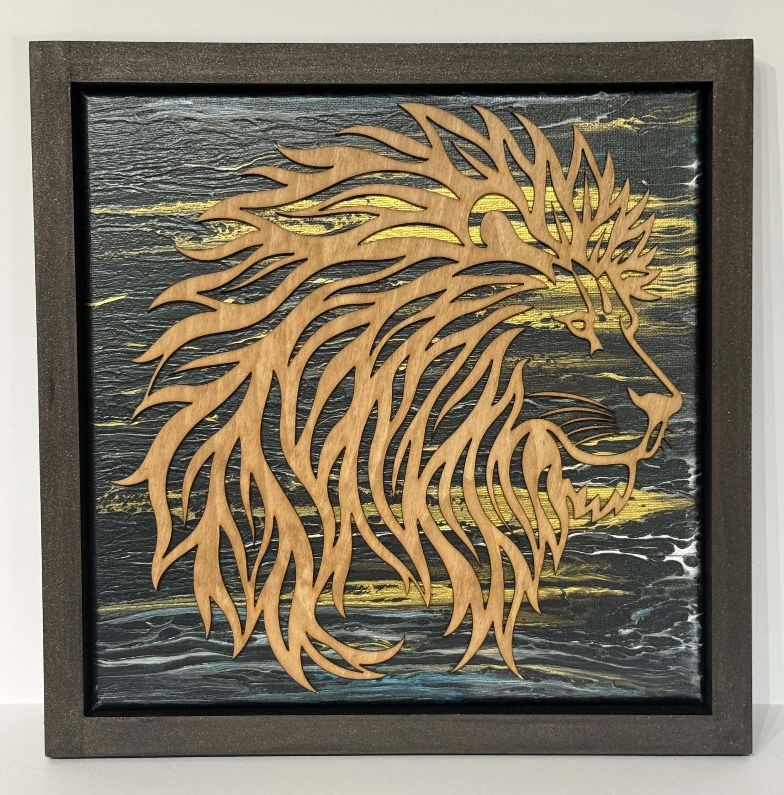 Lion in Gold Overlay on Acrylic Painting with Floating Frame