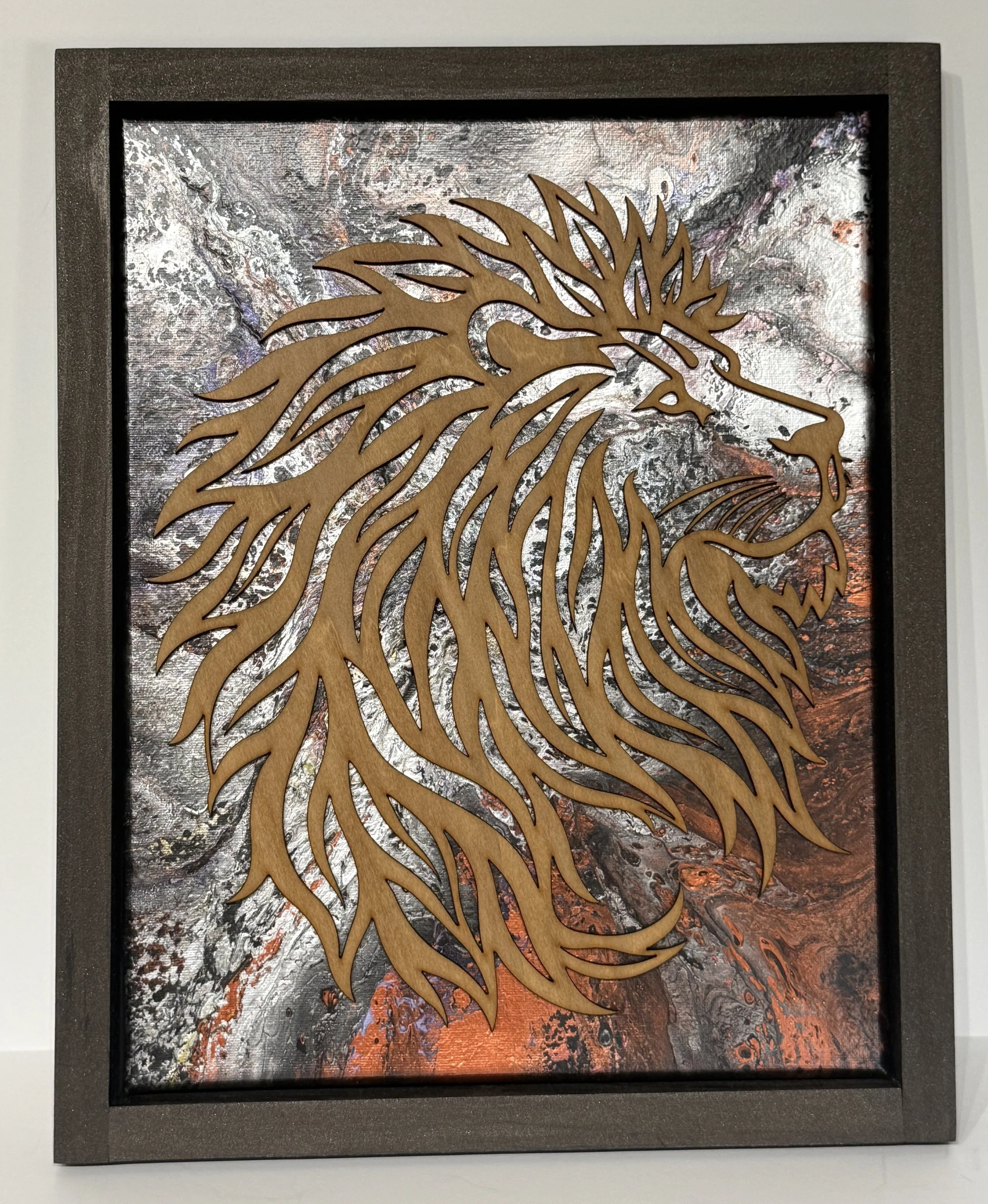 Lion in Silver Overlay on Acrylic Painting with Floating Frame
