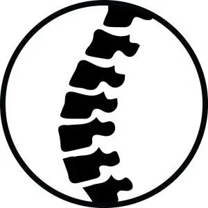 A black circle with a side-view of a human spine