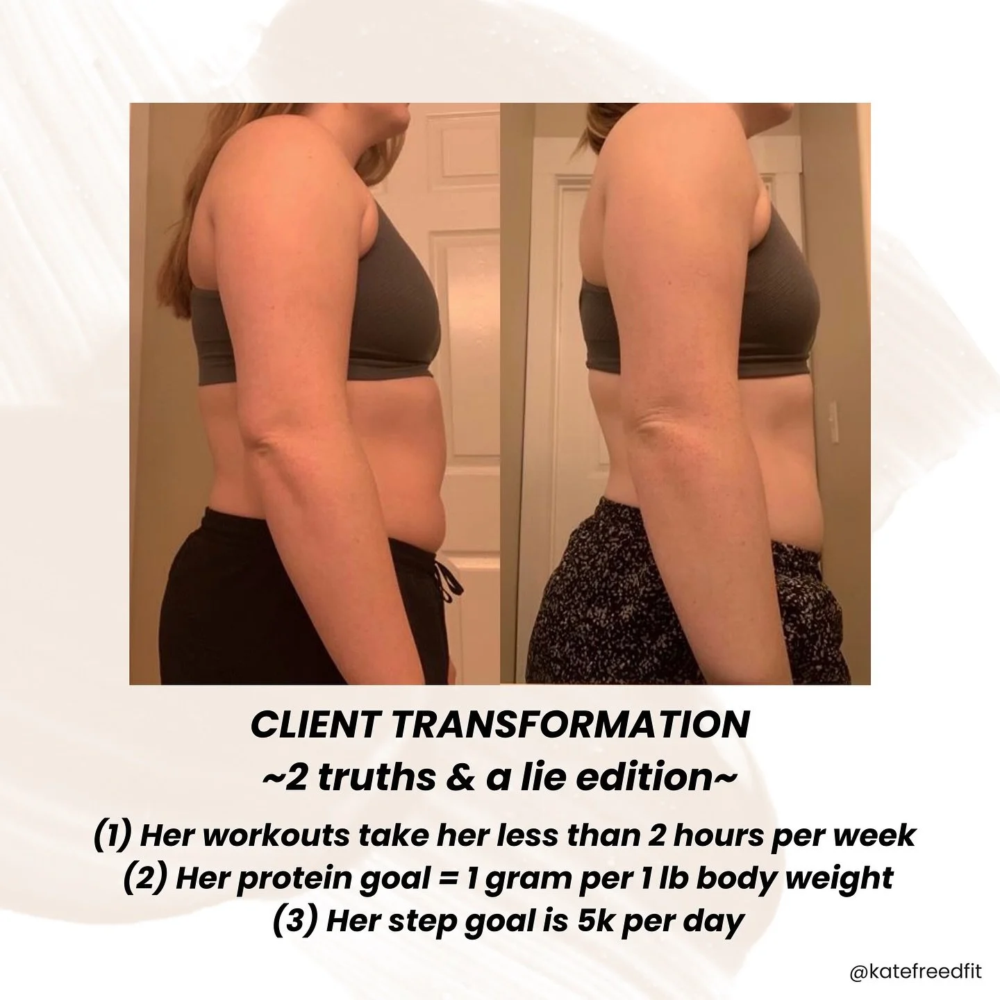 Thought a little 2 truths &amp; a lie would be a fun way to show how this client is absolutely rockingggg it without having health/fitness run her life lol

I&rsquo;m curious what you thought the lie was 👀👀

I only discount coaching packages 1-2 ti