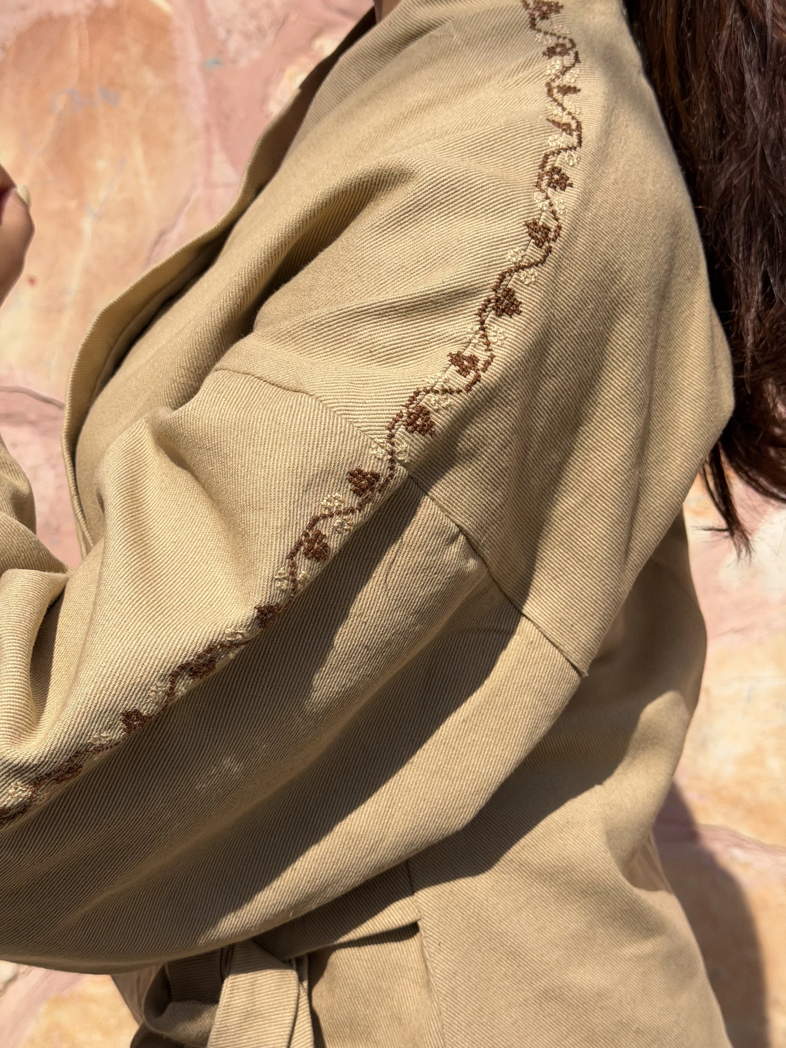 close-up of the embroidery denim jacket tatreez pattern
