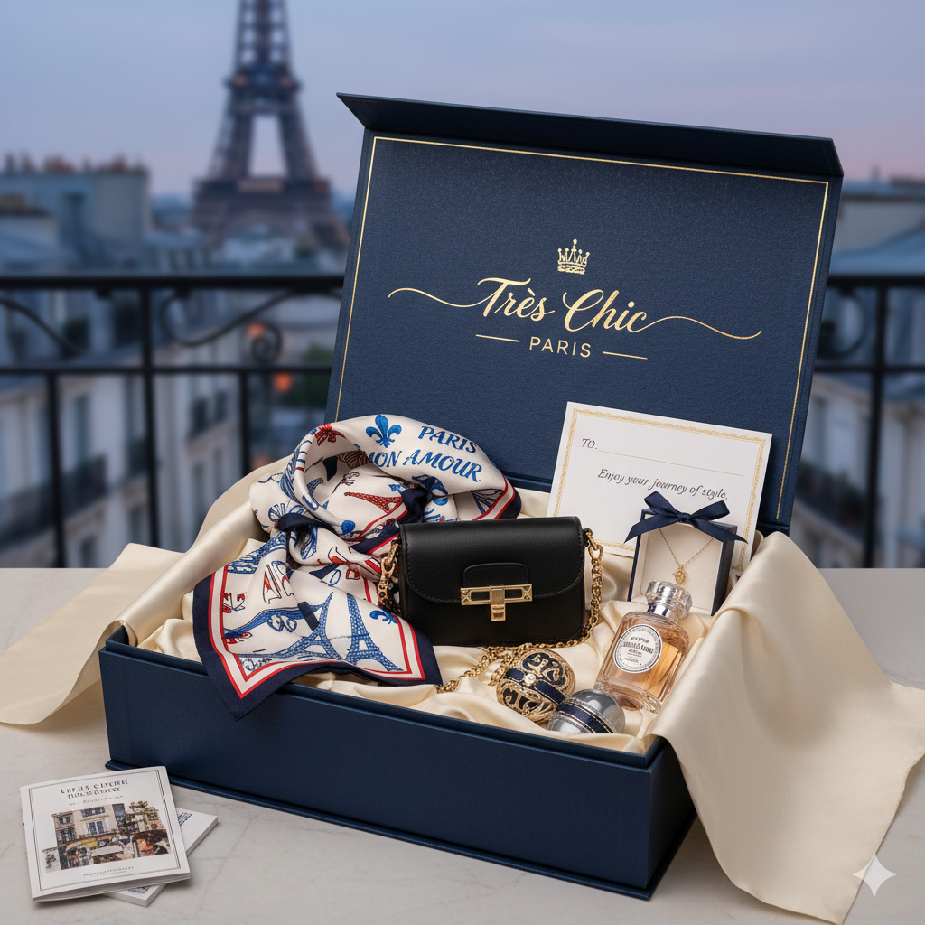 A gift box labeled 'Très Chic Paris' open to reveal jewelry and accessories, including a black purse, perfume bottles, a silk scarf with Paris-themed patterns, and a card, with the Eiffel Tower in the background.