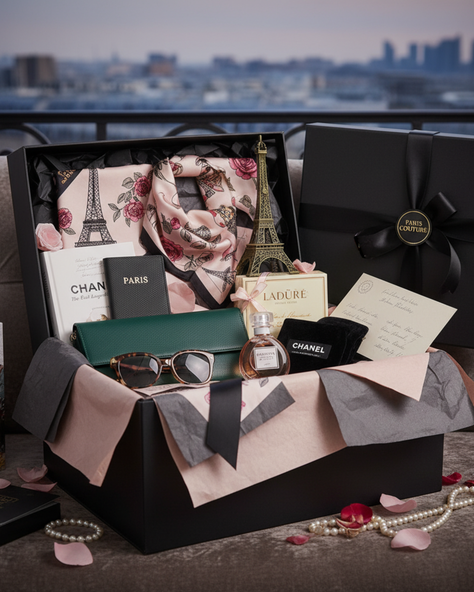 A black gift box filled with Paris-themed accessories and perfumes, including sunglasses, a perfume bottle, a Paris scarf, and decorative Eiffel Tower figurine, with a city skyline in the background.