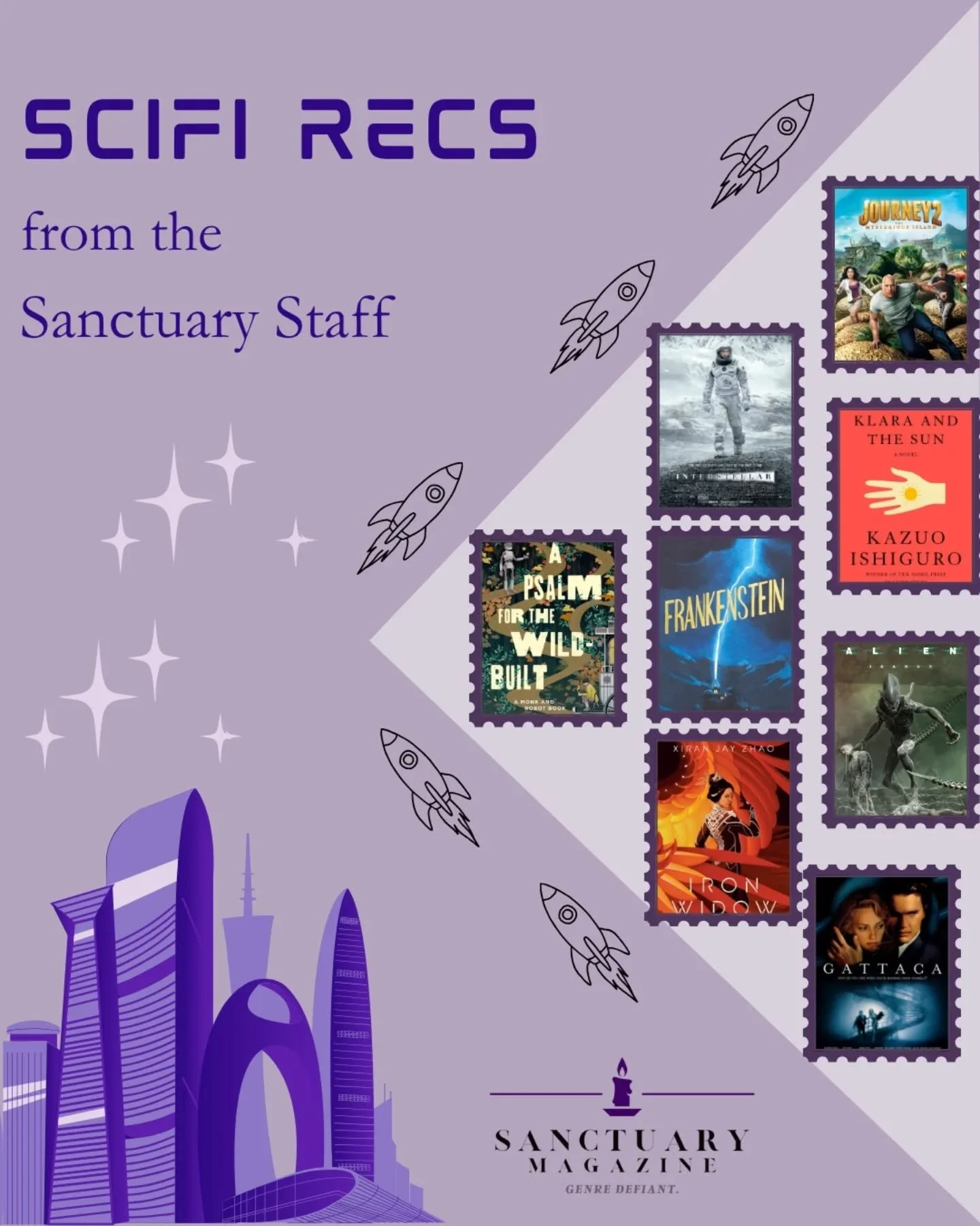 If you've ever wondered what scifi content the Sanctuary staff would recommend to you, today's your lucky day! We've rounded up an excellent assortment of books, movies, and games to add to your ever-growing tbrs. And if you're a scifi writer (or rea