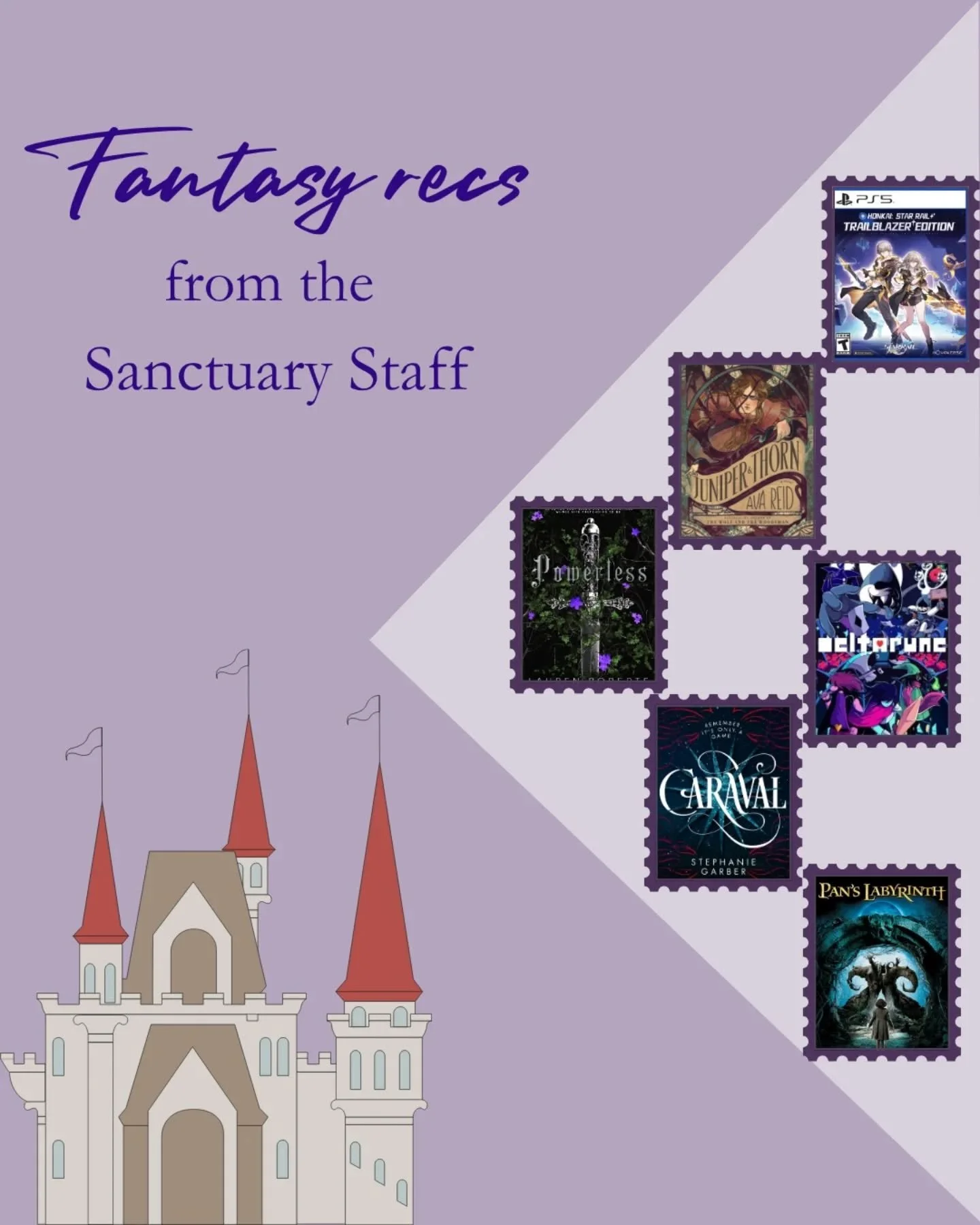 Thanksgiving break is the perfect time to discover a new obsession - so dive into some of the Sanctuary staff's fantasy picks! And if youre still looking for something to fill the time, consider submitting your work or filling out that reading board 