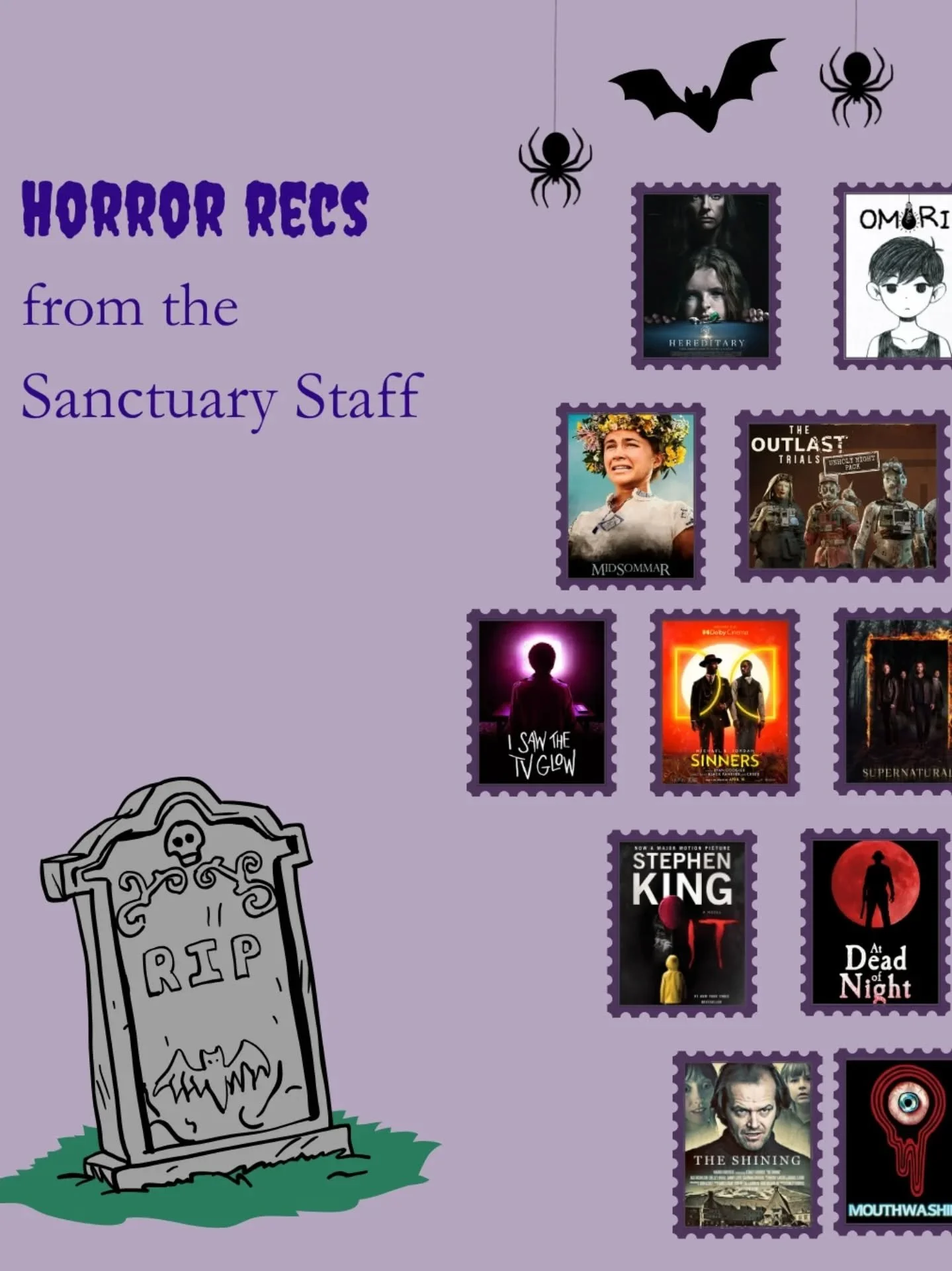 We all know that finals season is scary, so if you're looking to combine that fear with some entertainment, here's horror recs from the Sanctuary Staff! Submissions are open until the 21st so get through those finals and then get submitting 🤸&zwj;♀️