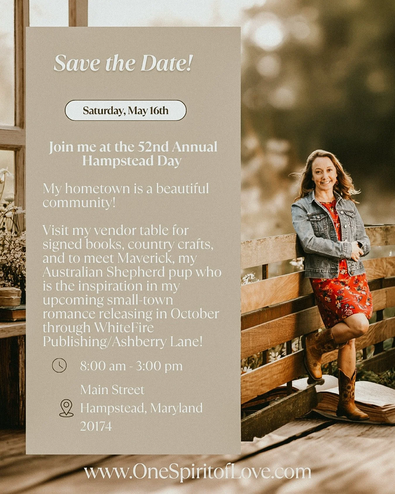 🗓️Save the Date!

Saturday, May 16th, 2026
8:00 am - 3:00 pm
Main Street
Hampstead, Maryland

Join me at the 52nd Annual Hampstead Day 🌻

My hometown is a beautiful community! Visit my vendor table for signed books, country crafts, and to meet Mave