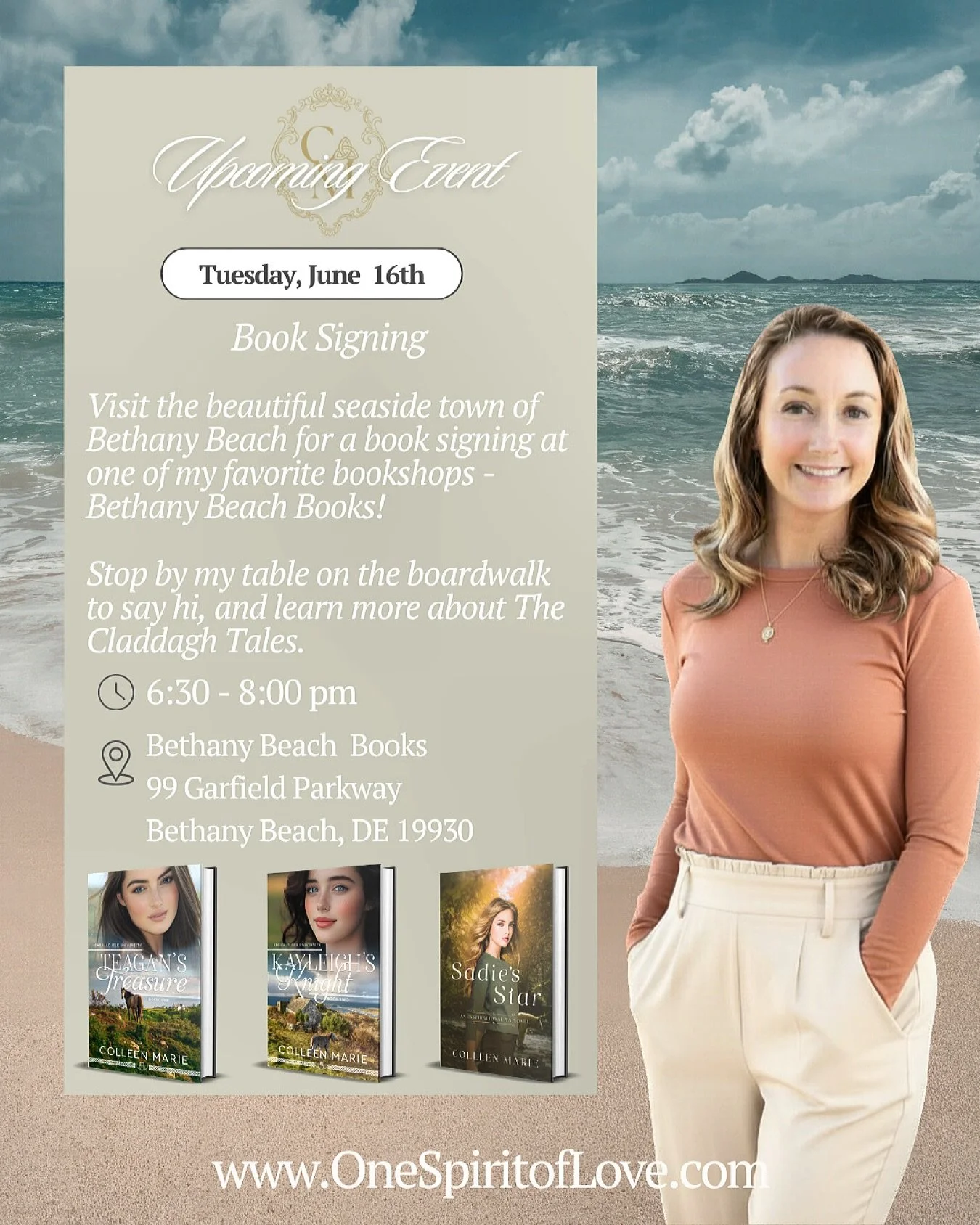 🗓️ SAVE THE DATE

June 16th, 2026
6:30 - 8:00 pm

📚Book Signing

Visit the beautiful seaside town of Bethany Beach for a book signing at one of my favorite bookshops - Bethany Beach Books!

Stop by my table on the boardwalk to say hi, and learn mor