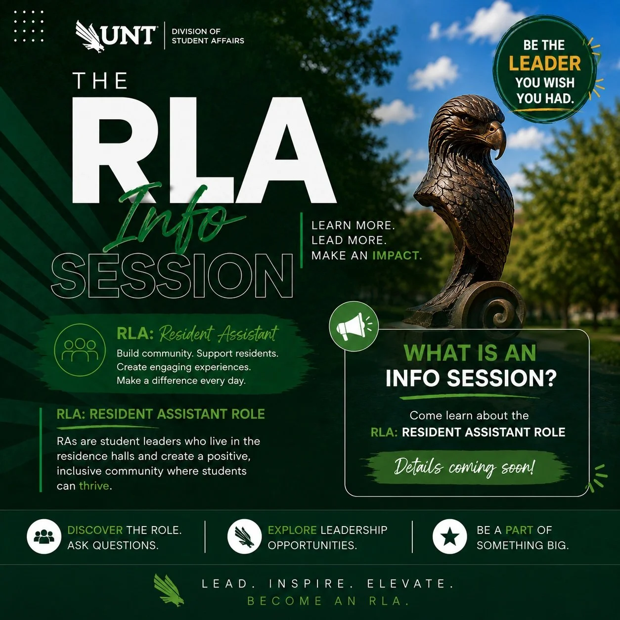 What is an info session? RLA info sessions are mandatory to learn about housing positions. #UNTHousing #UNTResLife #YouBelongHere #UNT