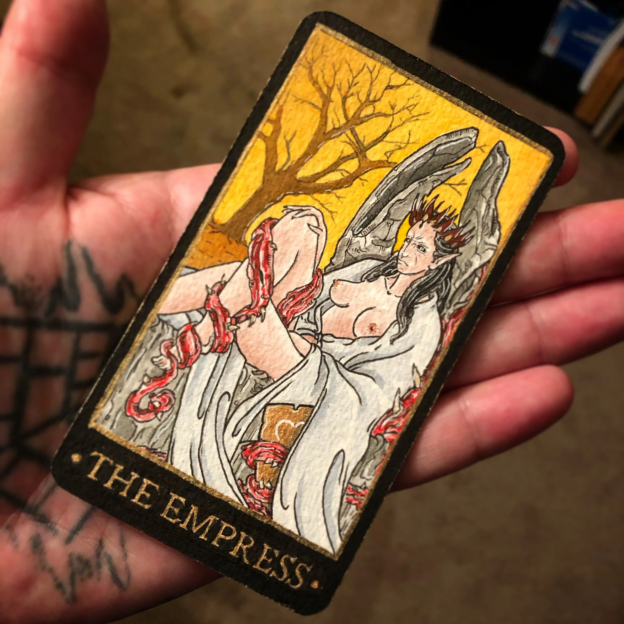 2.75"x4.75" Watercolor, ink, liquid acrylic.