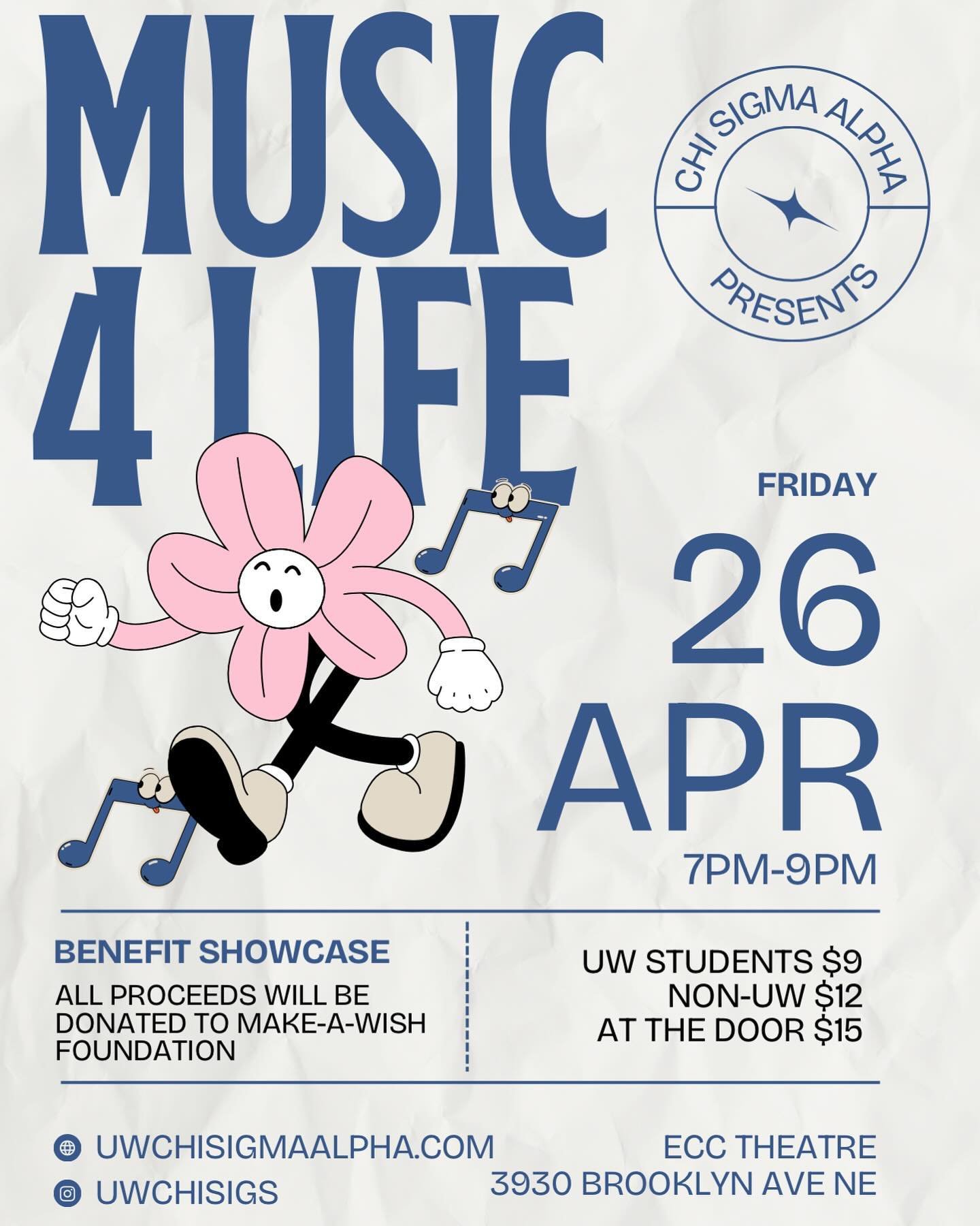 You are invited to Chi Sigma Alpha&rsquo;s annual Music 4 Life Showcase! 𓈒⟡₊⋆∘

📆 Date: April 26th, 2024 (7pm-9pm)
📍 Location: Kelly E. Samuel Ethnic Cultural Theater
🚪 Doors open at 6:45pm
🎫 Tickets are available via the link in our bio!

Music