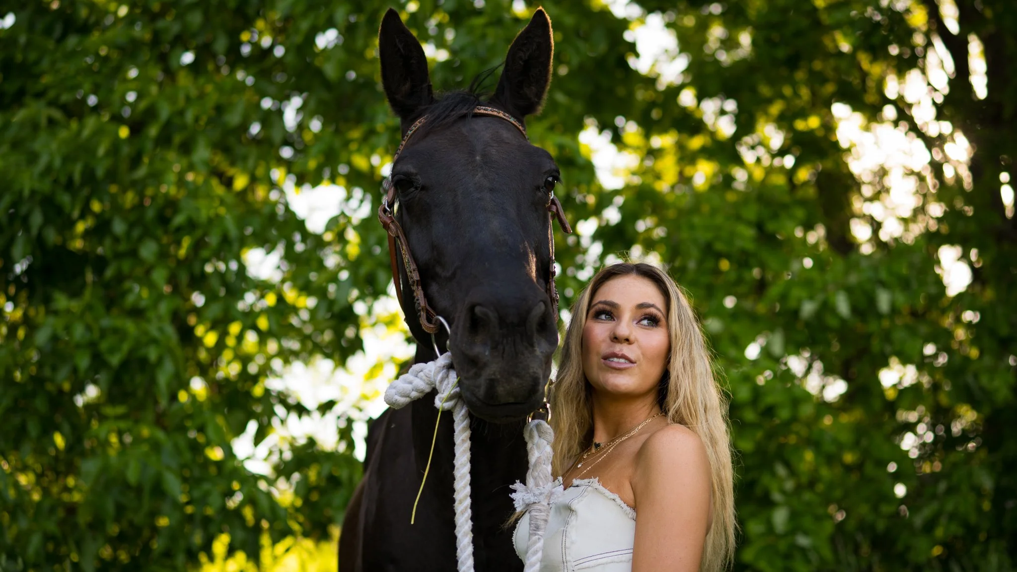 A young woman with long blonde hair standing next to a large black horse outdoors, surrounded by green trees and sunlight.