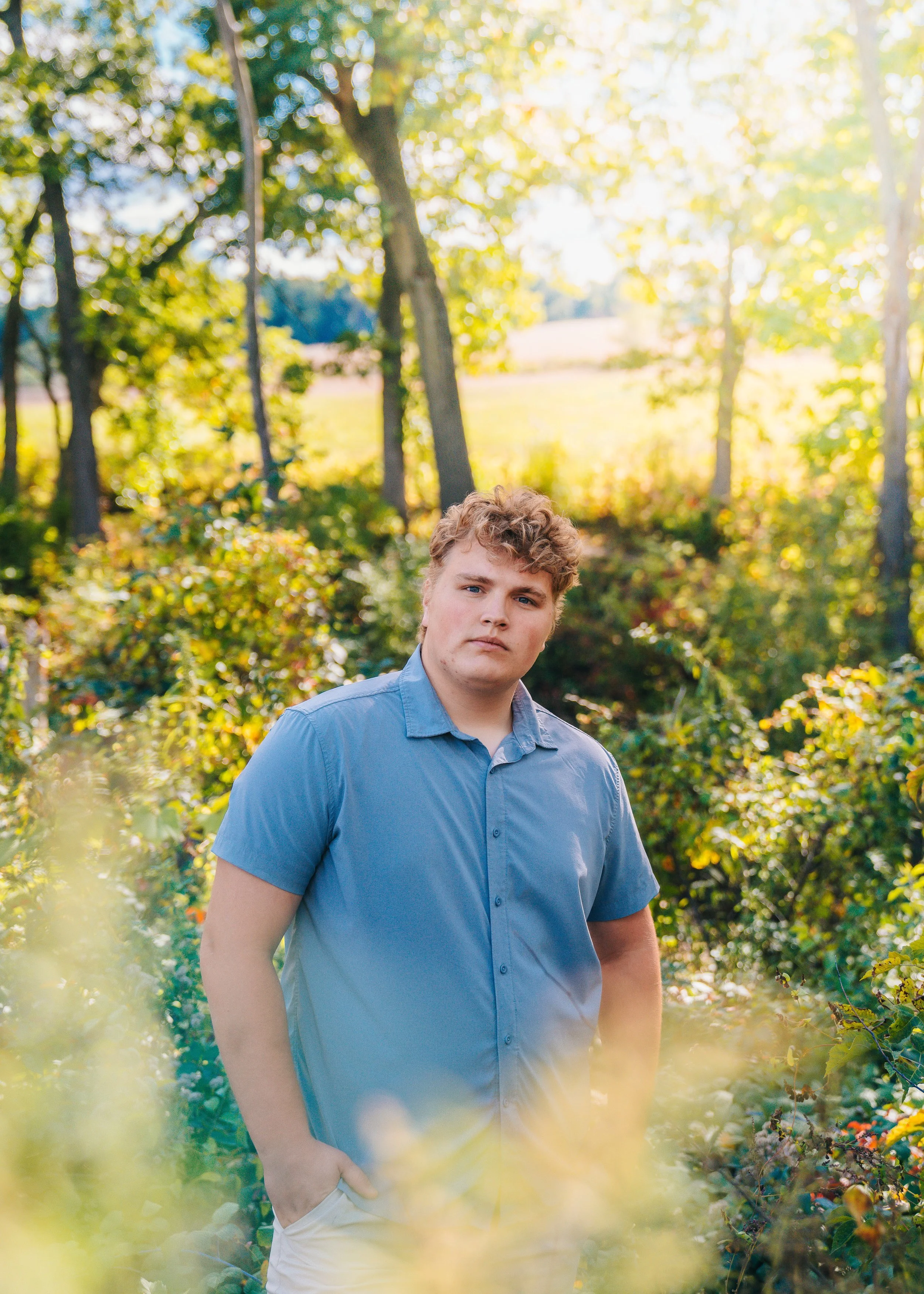 Young man in blue shirt standing outdoors among trees and bushes, with sunlight filtering through the foliage.