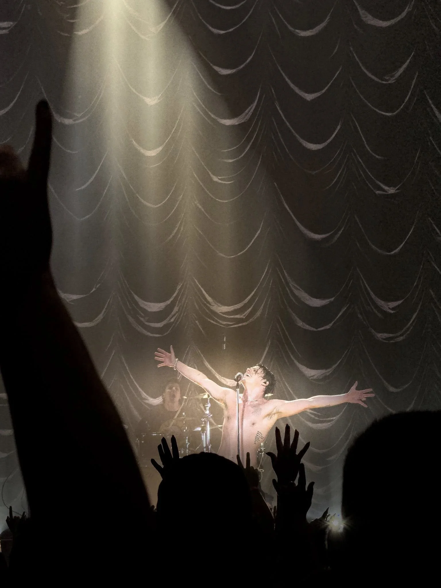 A shirtless male singer on stage with arms outstretched, illuminated by a spotlight, with backup musicians and an audience with raised hands, against a dark background with draped curtains.