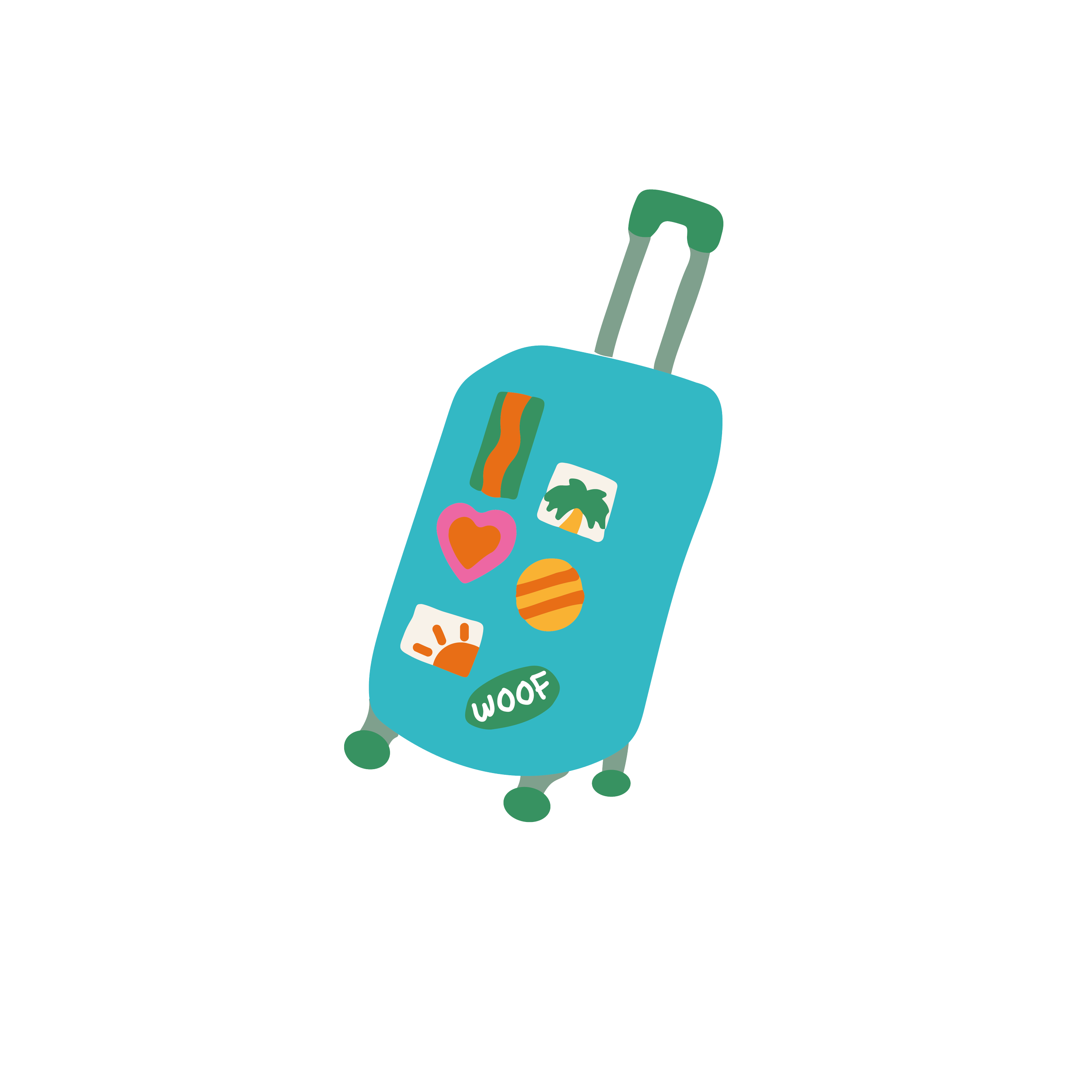 Illustration of a blue suitcase with stickers, including a heart, palm trees, and "WOOF."