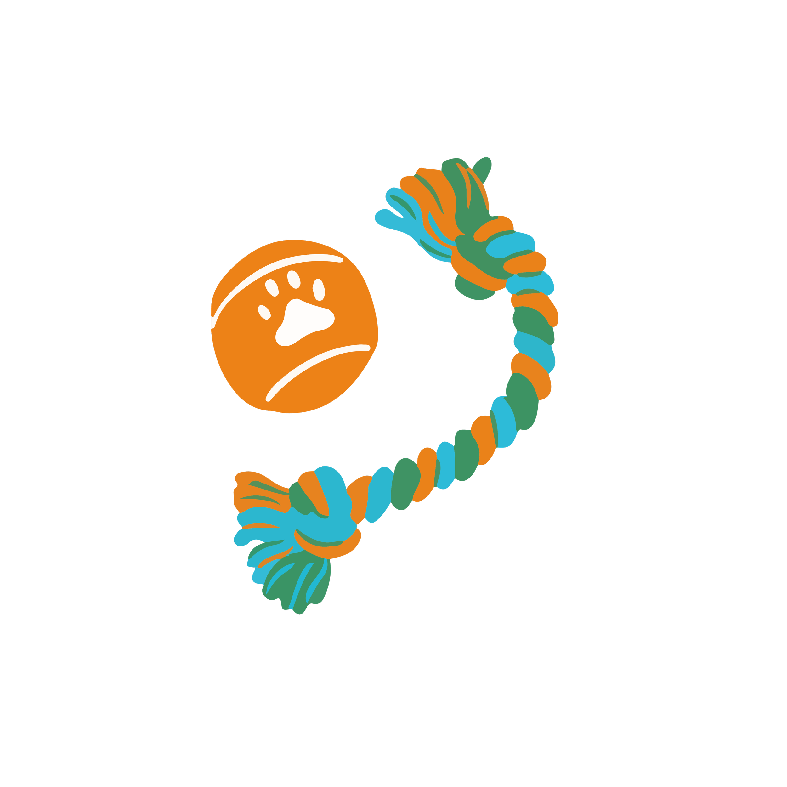 Illustration of an orange tennis ball with a paw print and a blue and orange braided rope toy on a black background.