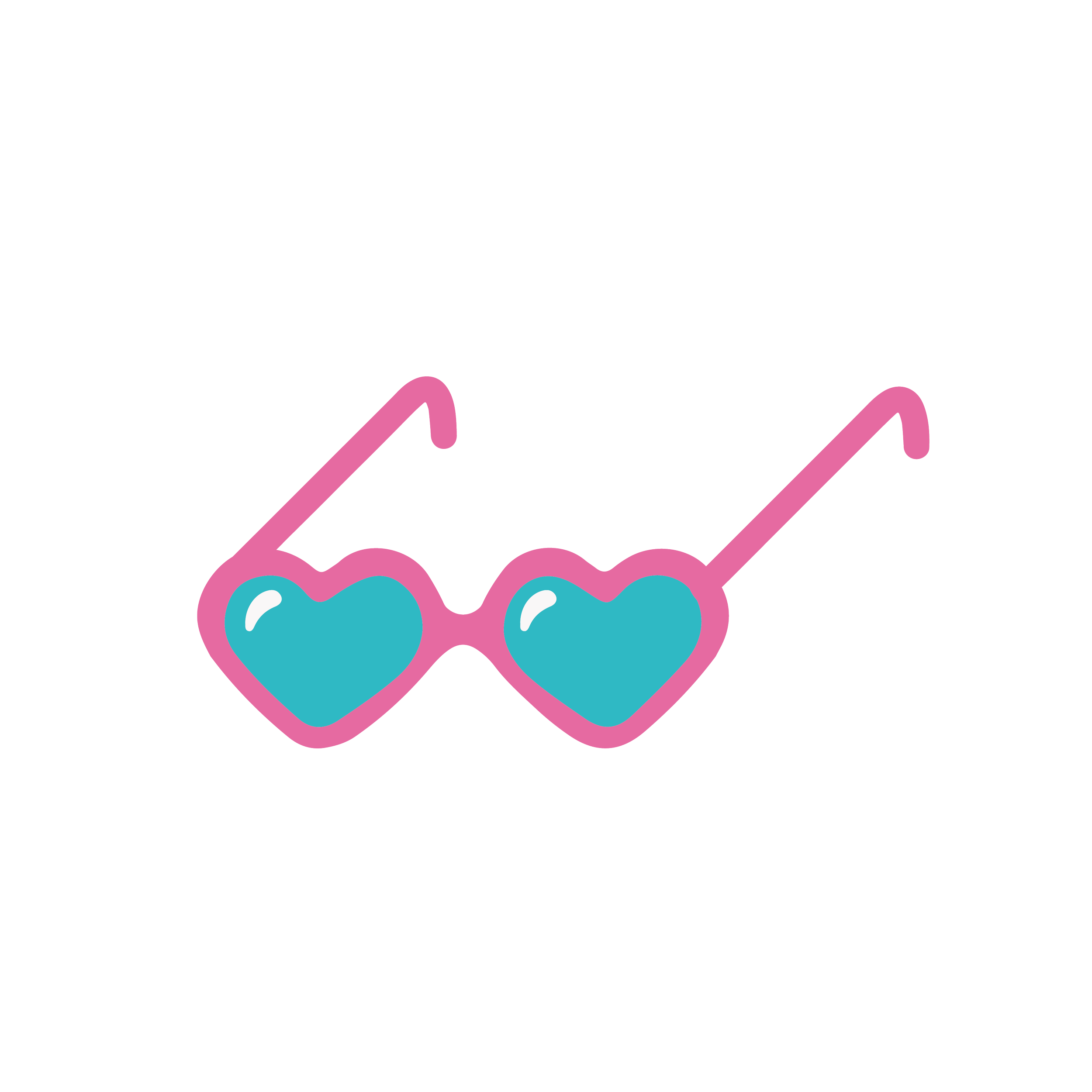 Illustration of pink heart-shaped sunglasses with blue lenses.