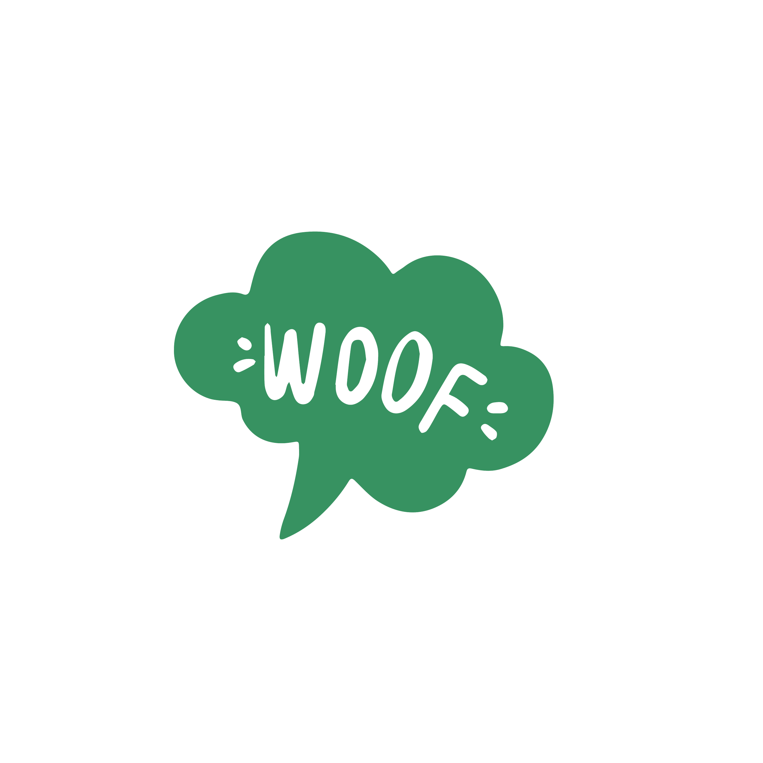 Green speech bubble with "WOOF" text