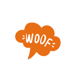 Orange speech bubble with the word 'woof'