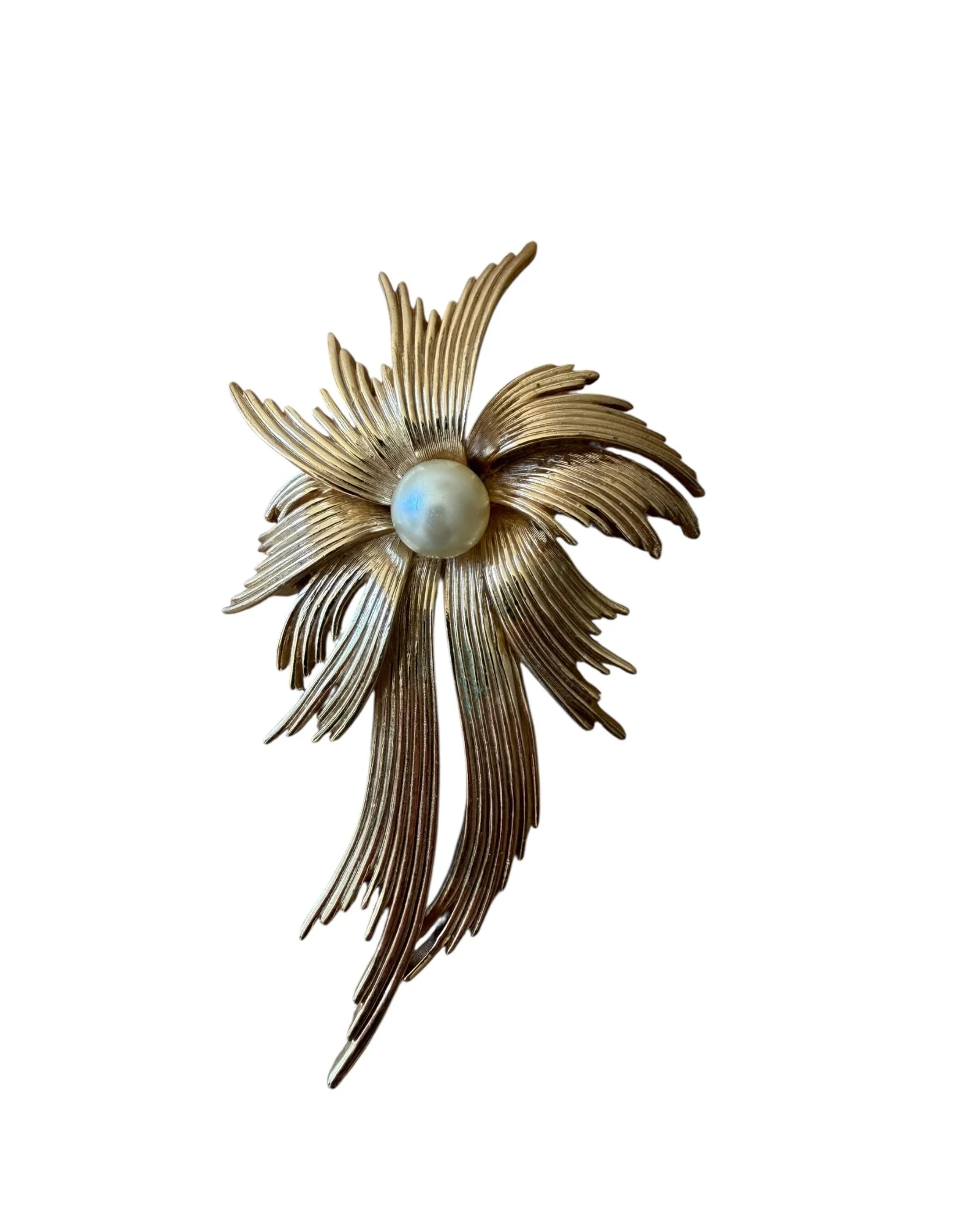 Vintage 50s/60s Trifari Large Textured Gold Toned Pearl Starburst Brooch