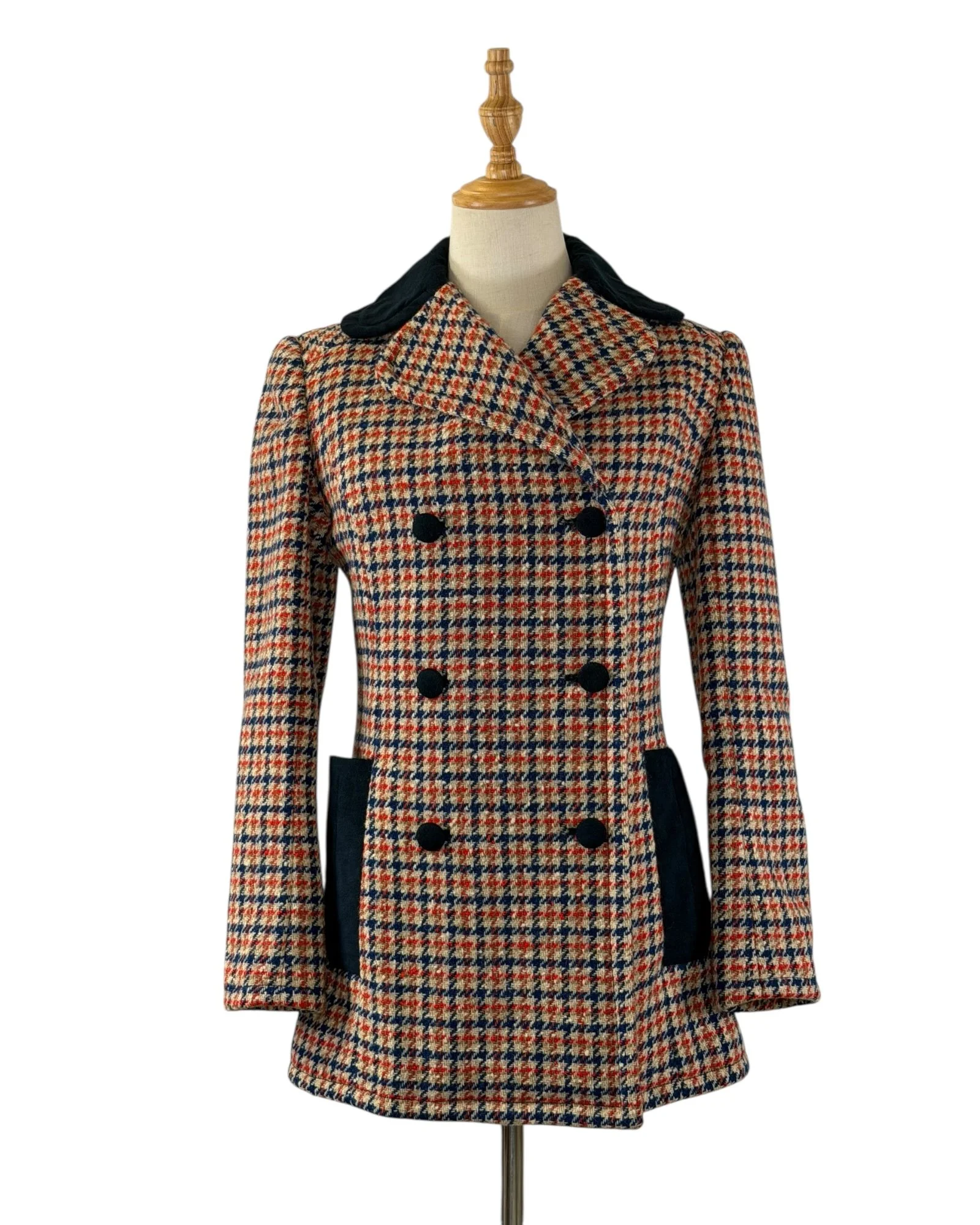 Vintage 1960s/1970s Pendleton 100% Wool Houndstooth Suede Collar Double Breasted Blazer