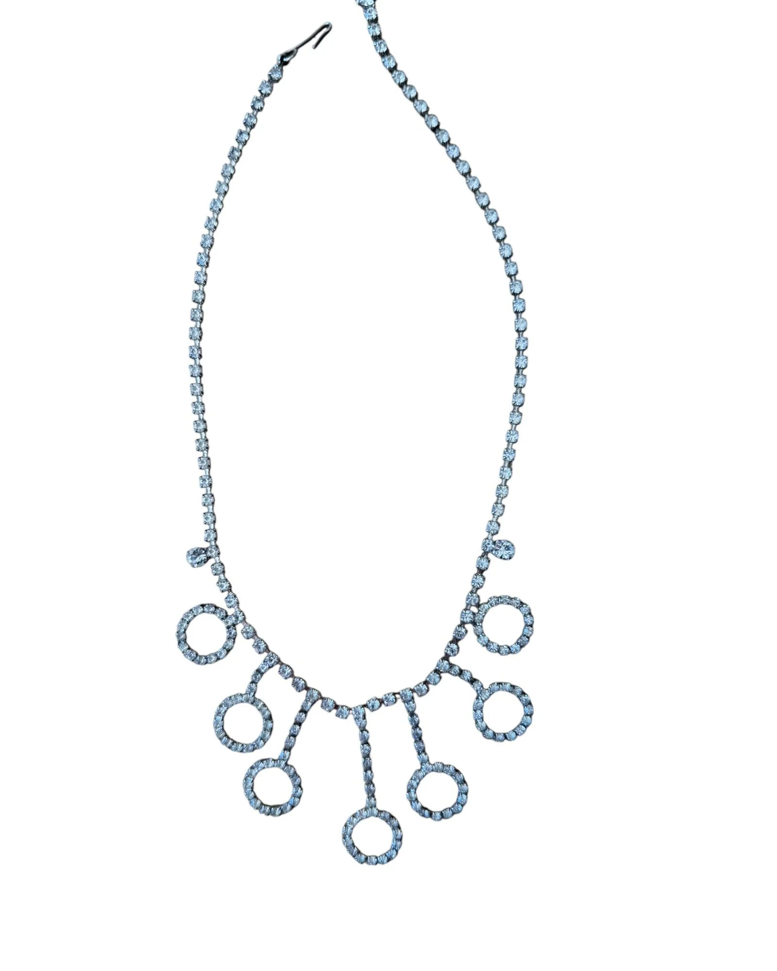 Vintage Silver Toned Rhinestone Circle Necklace, 16" Long