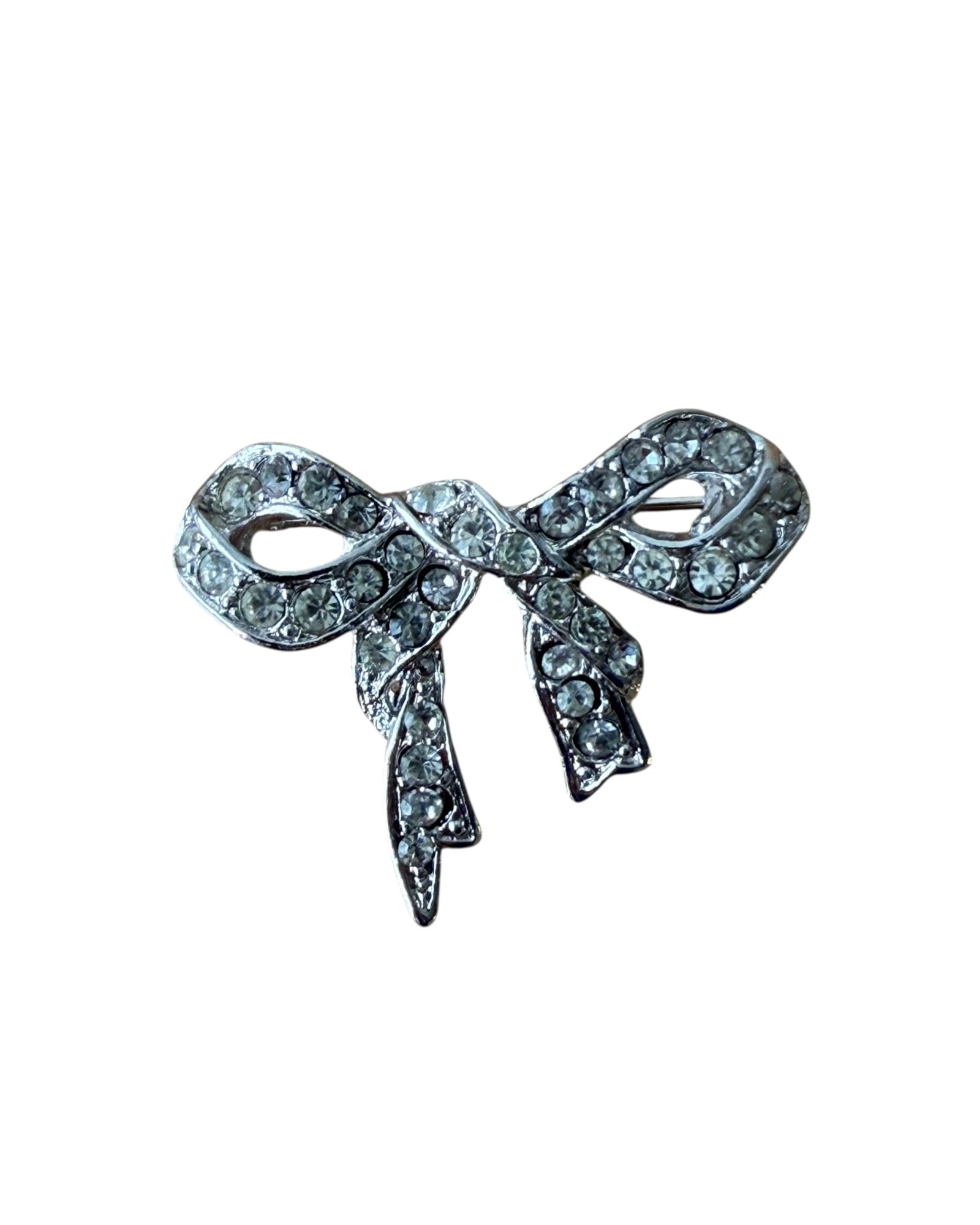 Vintage Silver Toned Rhinestone Bow Brooch